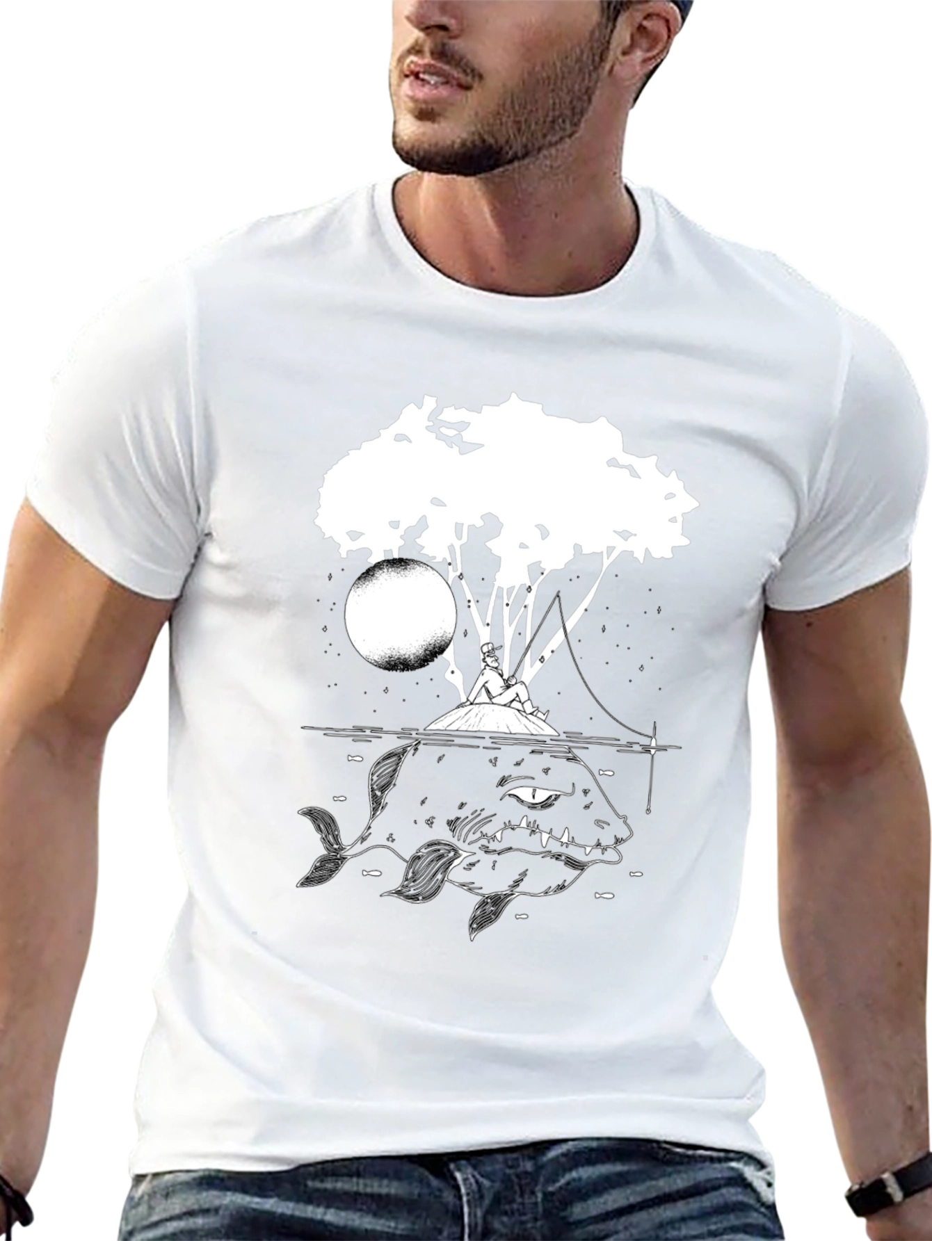 Black Graphic Tee - Fisherman and Giant Fish