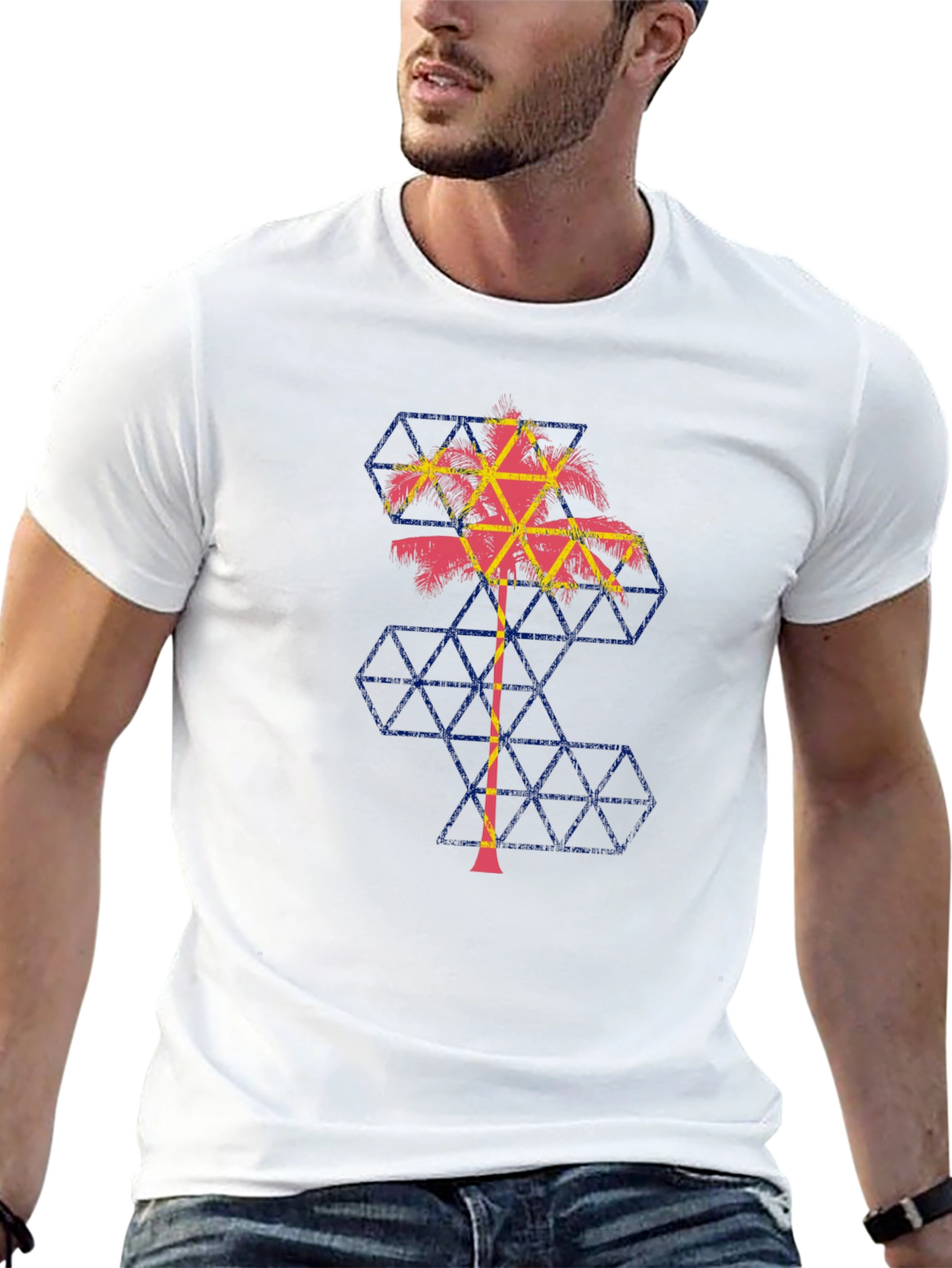 Geometric Palm Tree Graphic Tee - Black