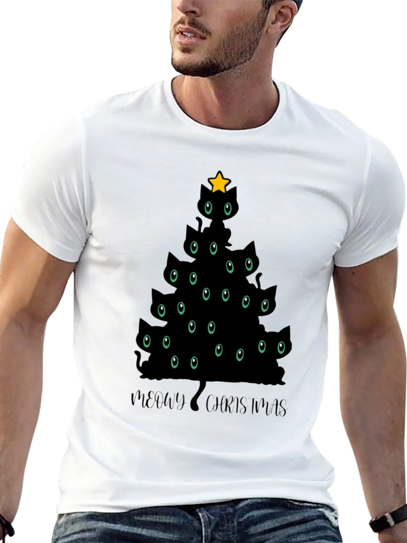 Meowy Christmas Cat Tree Black T-Shirt