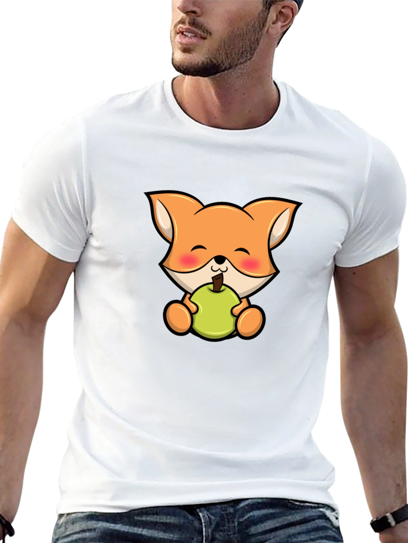 Cute Fox Eating Apple Black T-Shirt