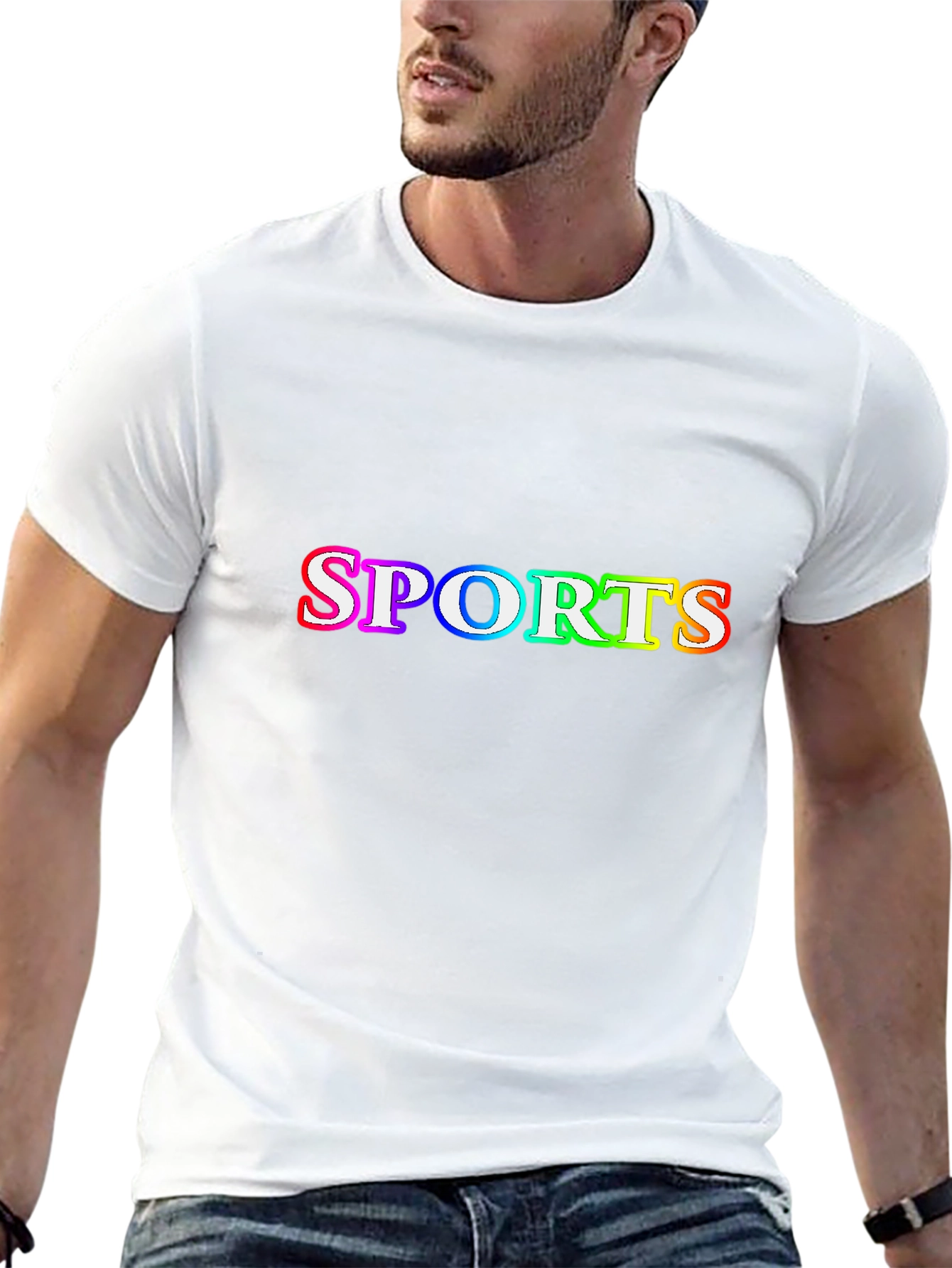 Mens Black T-Shirt with SPORTS Rainbow Graphic