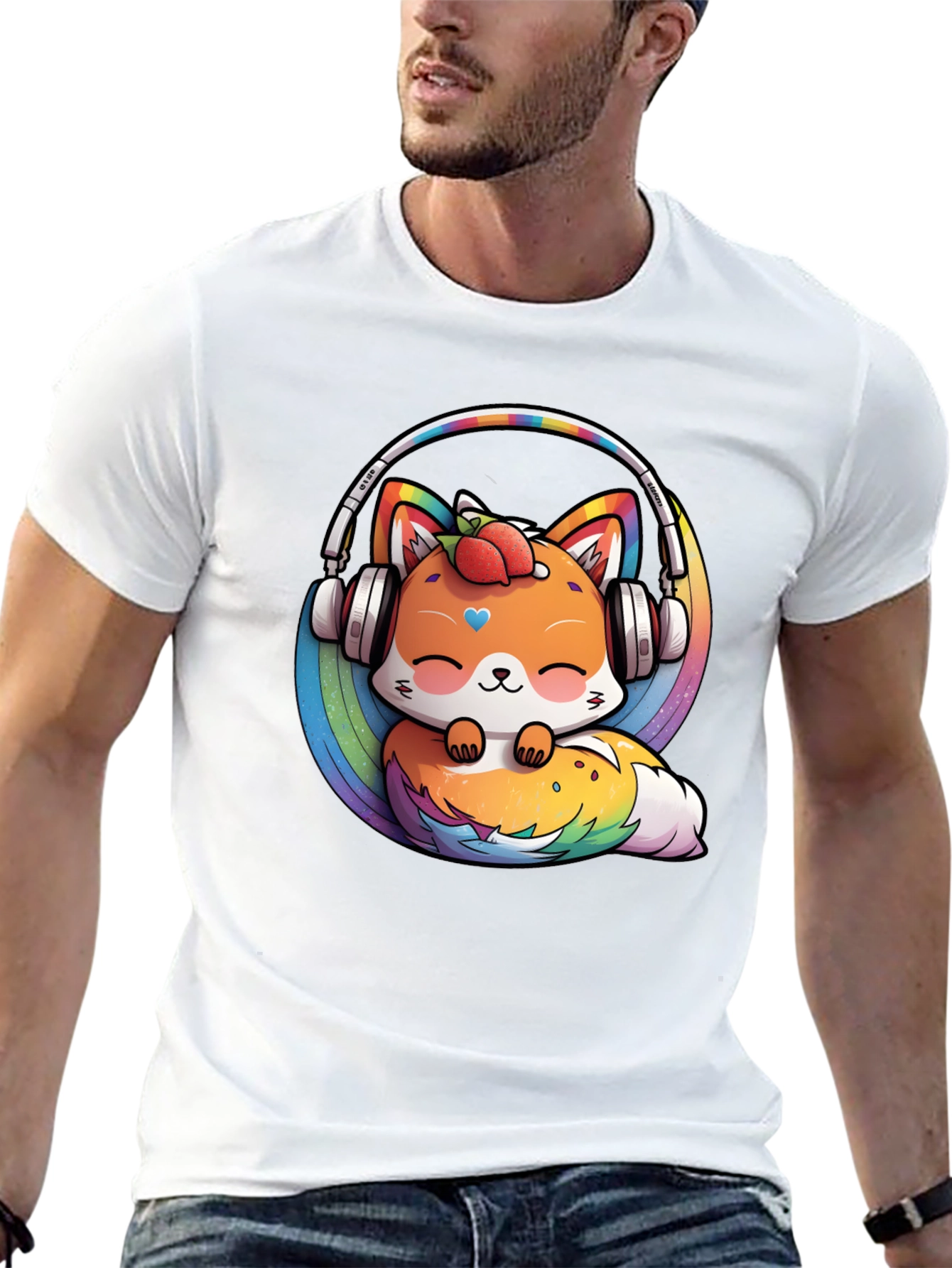 Cute Fox Rainbow Headphones Black T-Shirt
