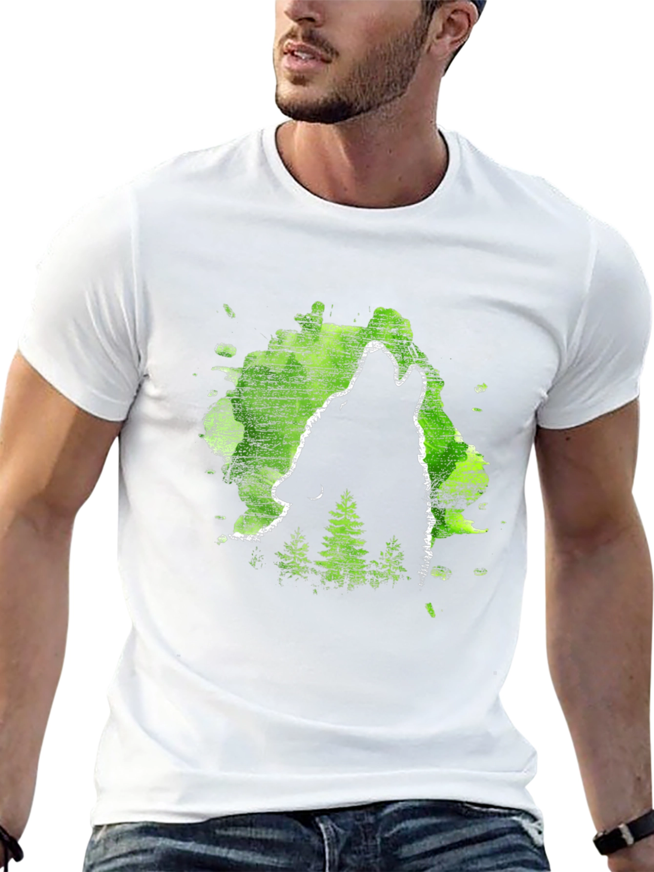 Wolf Howl Black T-Shirt Green Forest Design