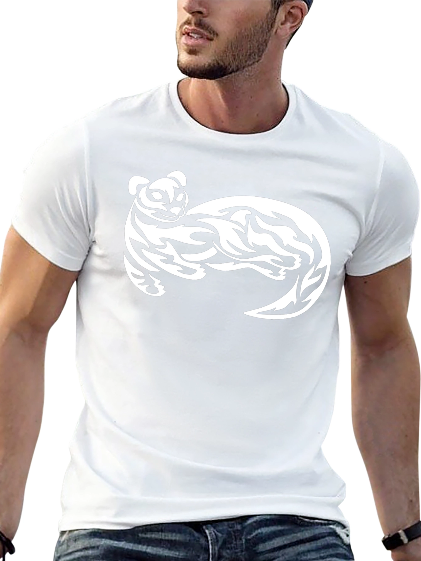Black T-Shirt with White Tribal Cat Graphic