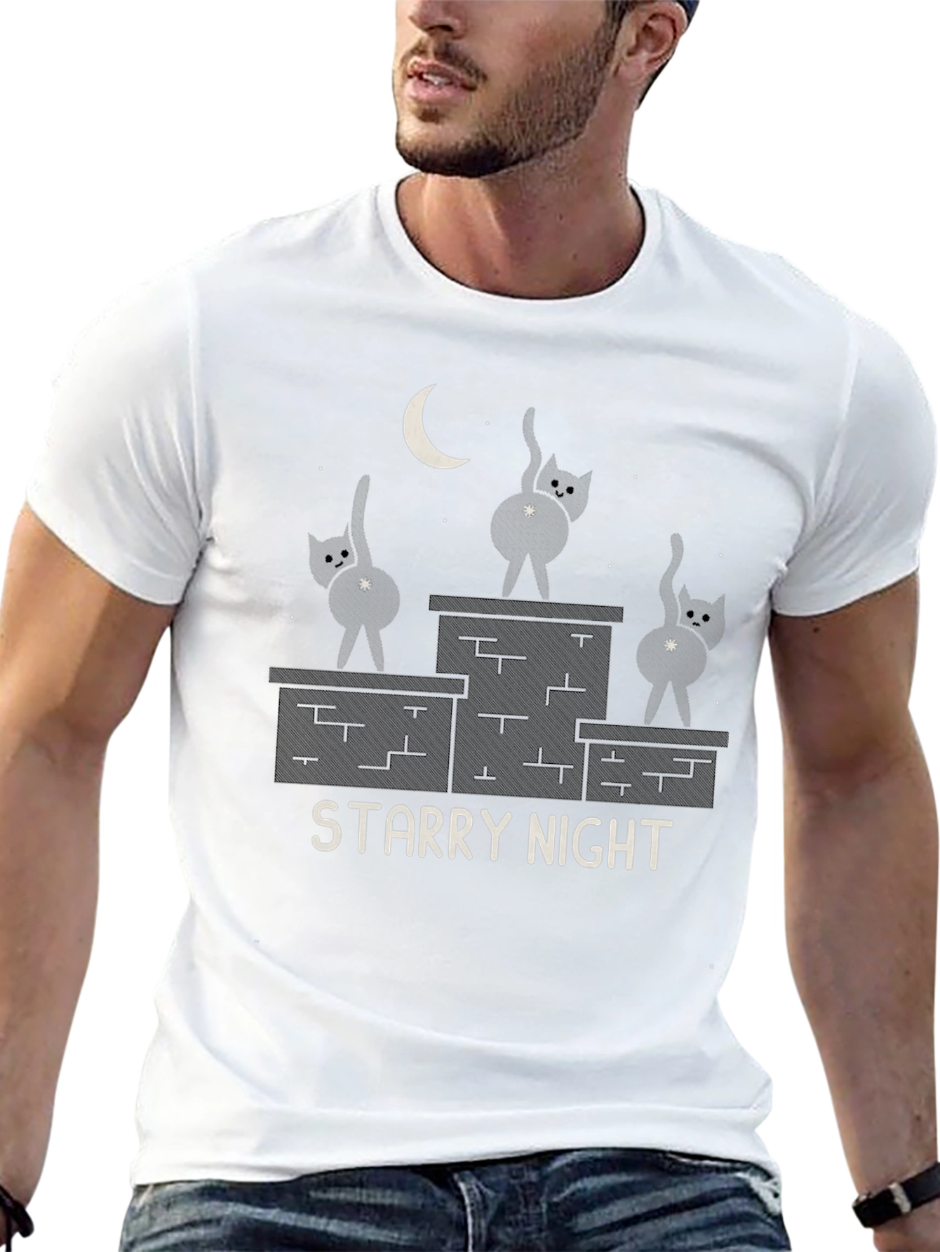 Starry Night Cat T-Shirt - Funny Graphic Tee