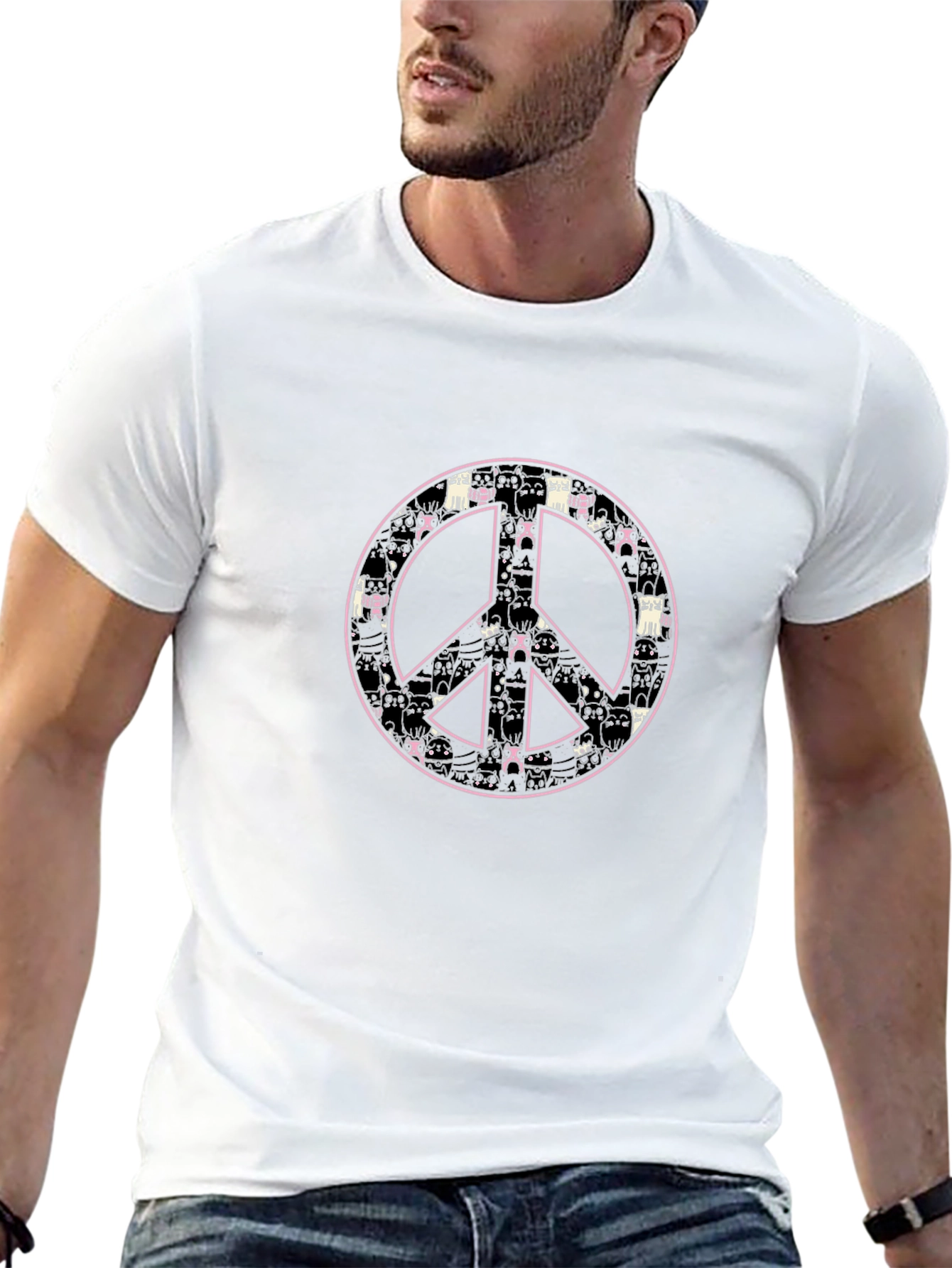 Peace Sign Cat Pattern Black T-Shirt