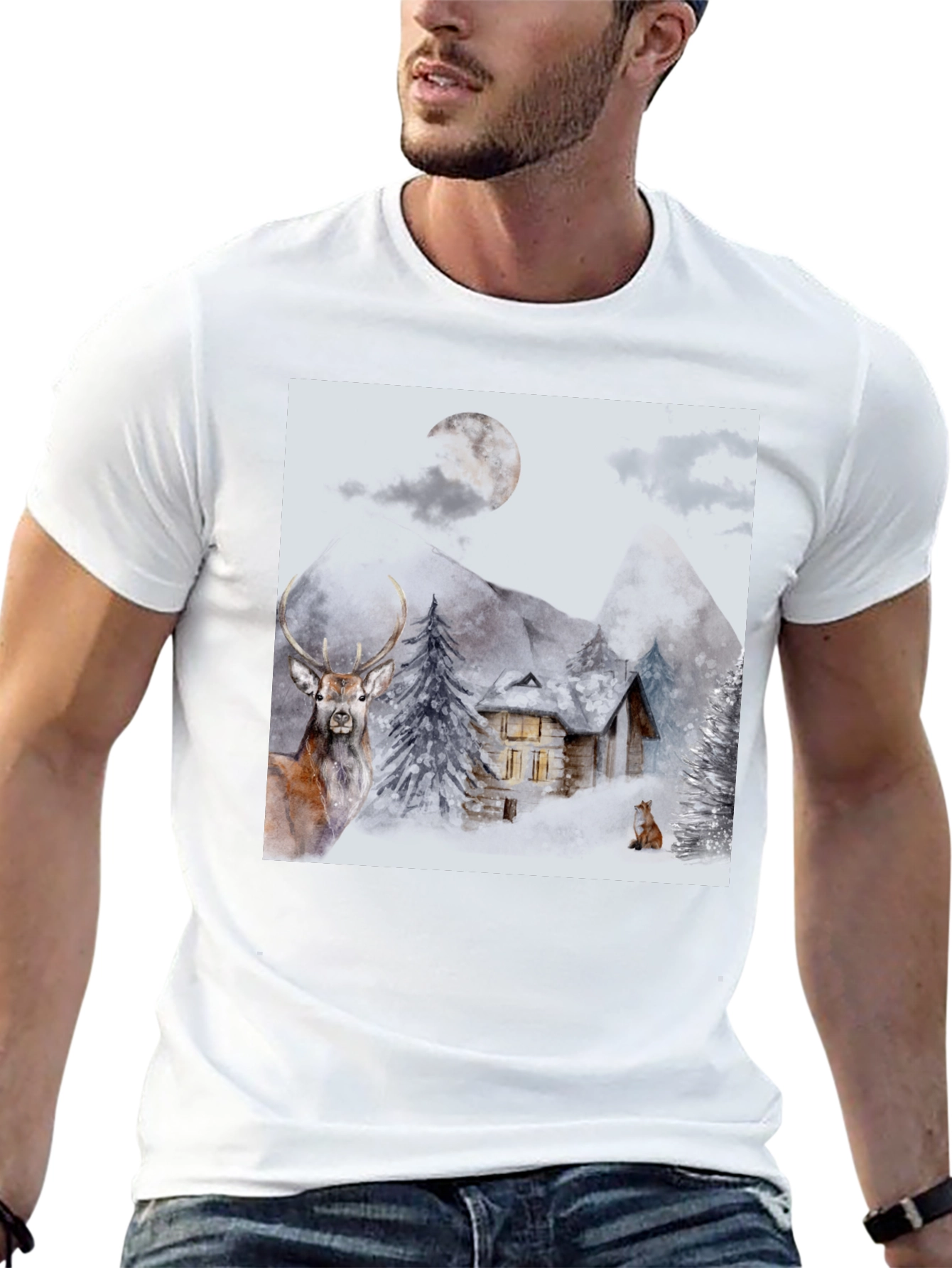 Winter Cabin Graphic Tee - Deer & Fox Design