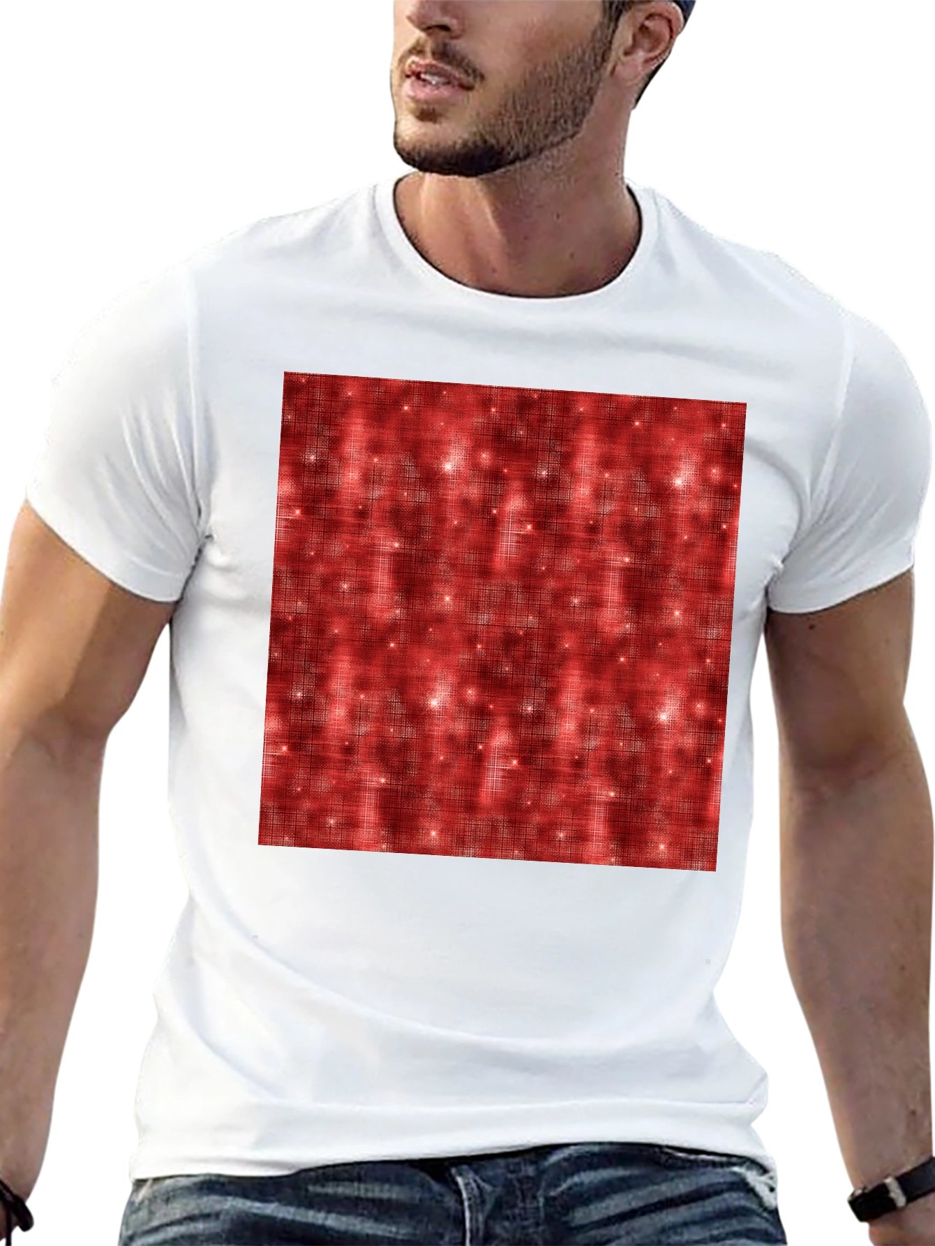 Patterned Red Sparkle Graphic Black T-Shirt