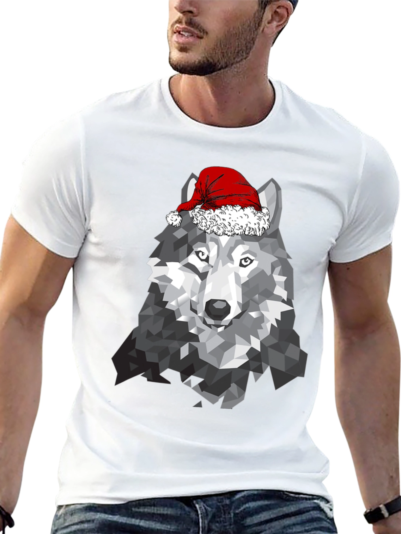 Geometric Wolf Santa Hat T-Shirt
