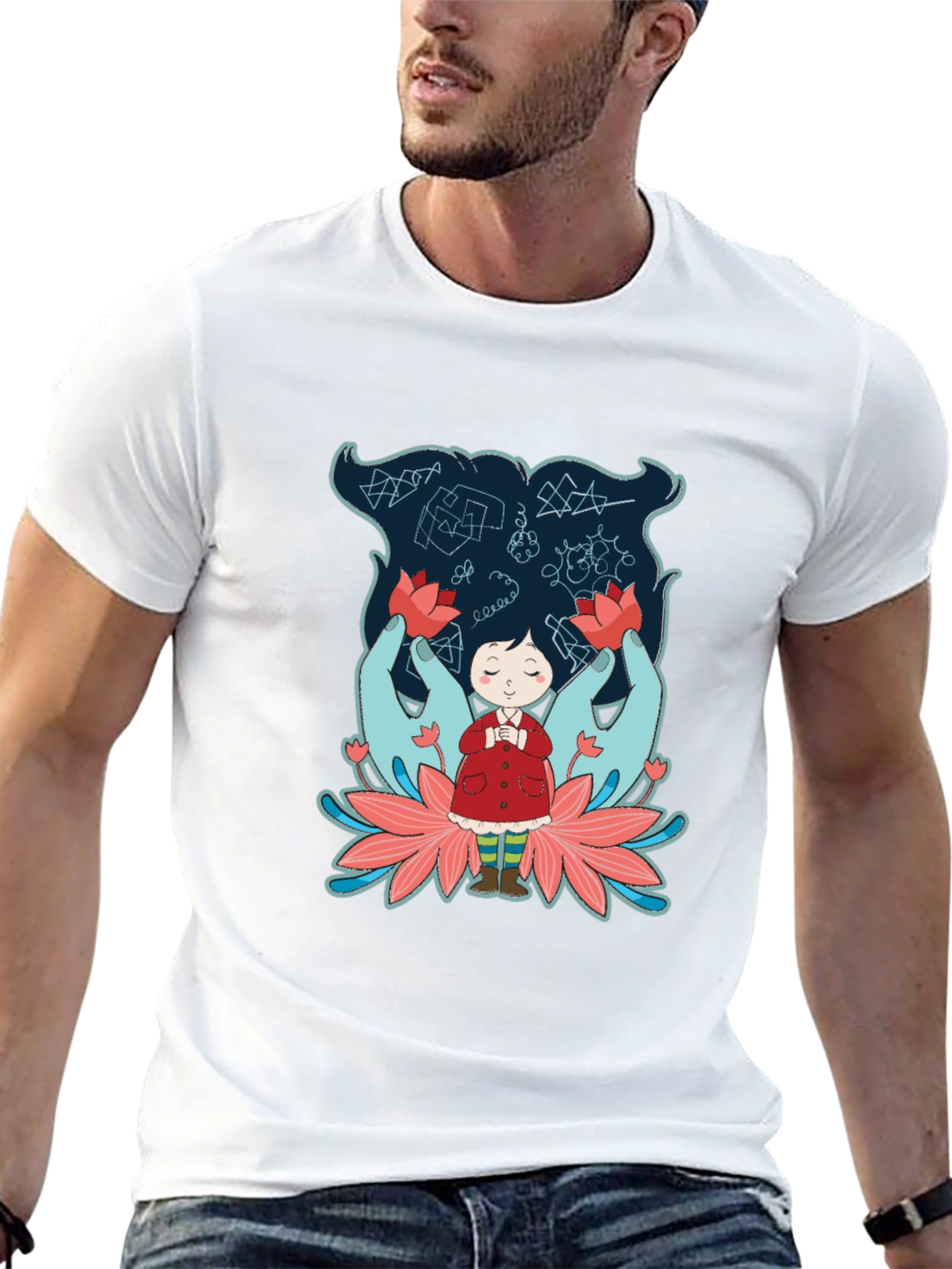 Unique Graphic Tee: Girl Hands & Lotus Design