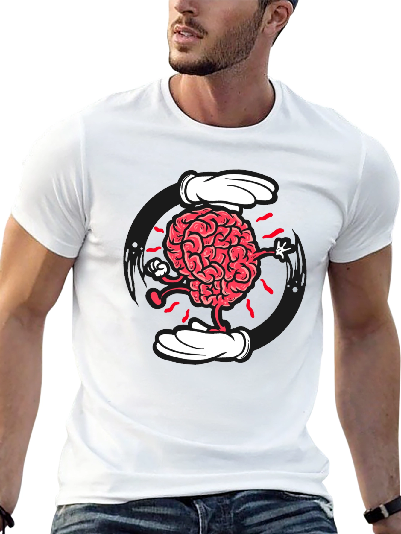 Cartoon Brain Graphic Tee - Black Cotton Blend