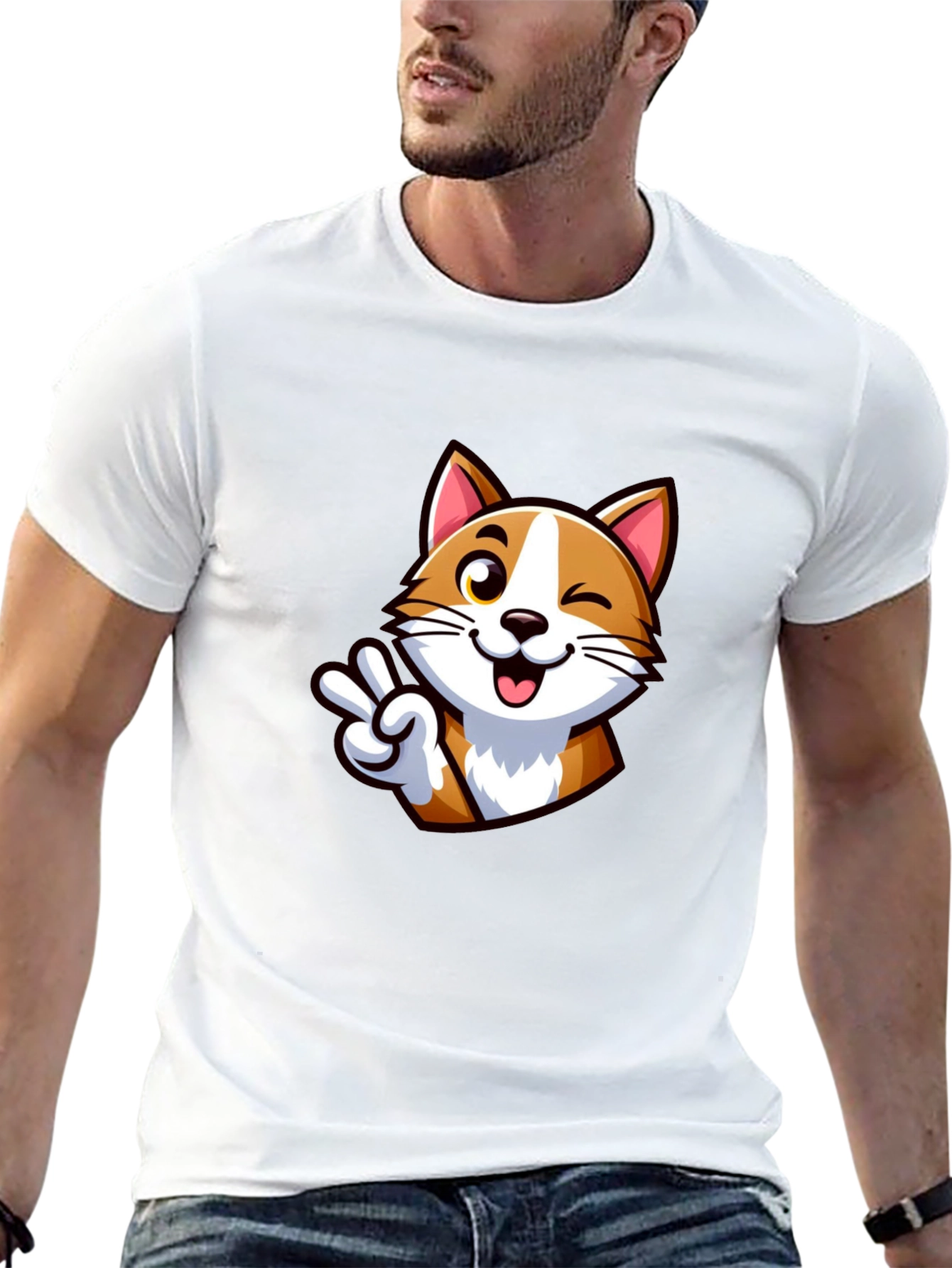 Cute Cartoon Cat Peace Sign Black T-Shirt