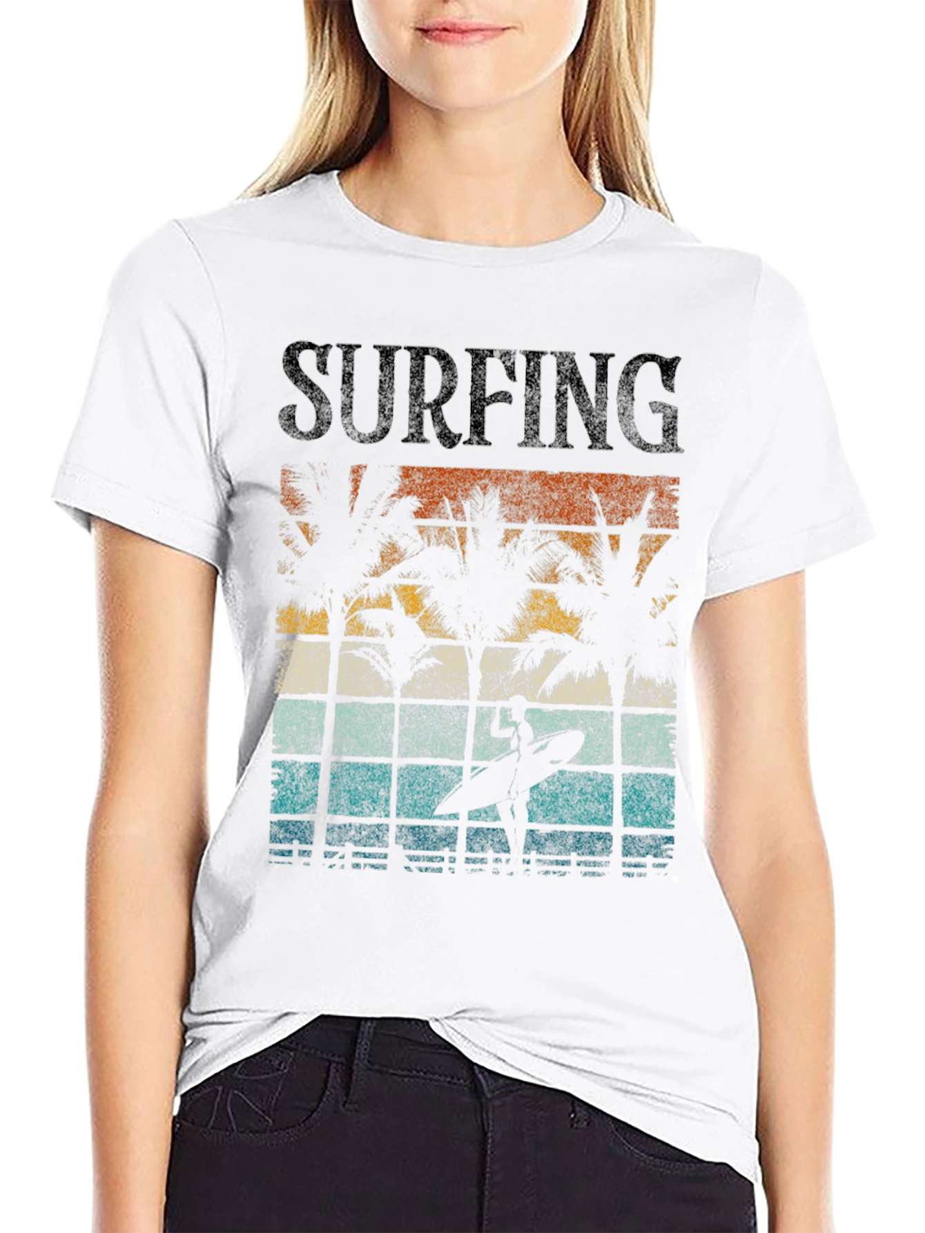 Retro Surfing Tee - Palm Tree Sunset Design