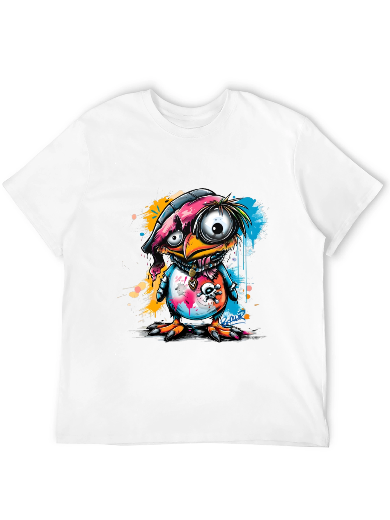 Cartoon Bird Graphic Tee - Edgy Skull Design