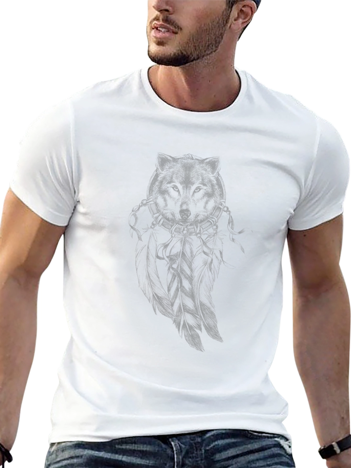 Mens Black T-Shirt with Subtle Wolf Graphic