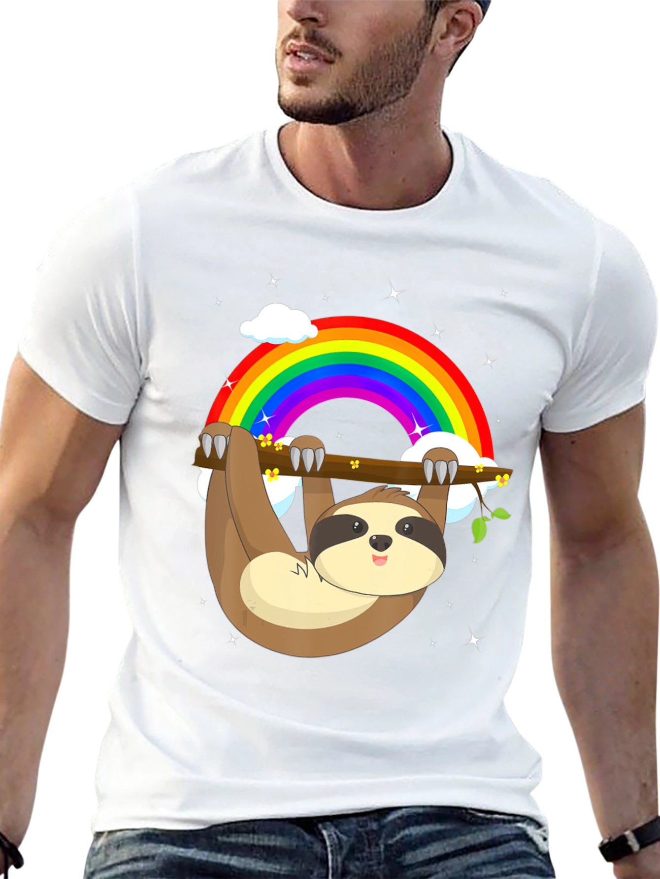 Sloth Rainbow Graphic Tee - Mens Black Cotton T-Shirt