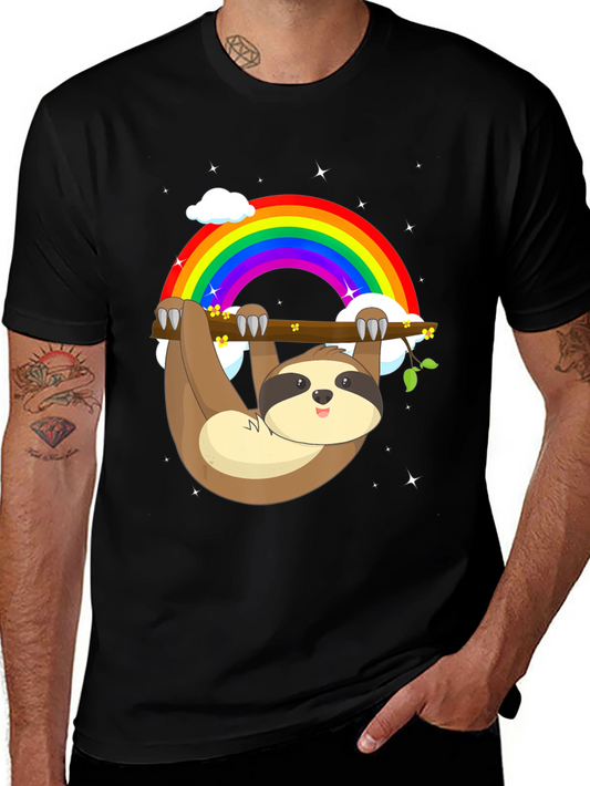 Sloth Rainbow Graphic Tee - Mens Black Cotton T-Shirt