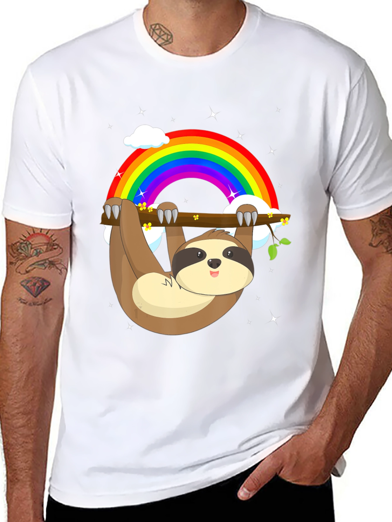 Sloth Rainbow Graphic Tee - Mens Black Cotton T-Shirt