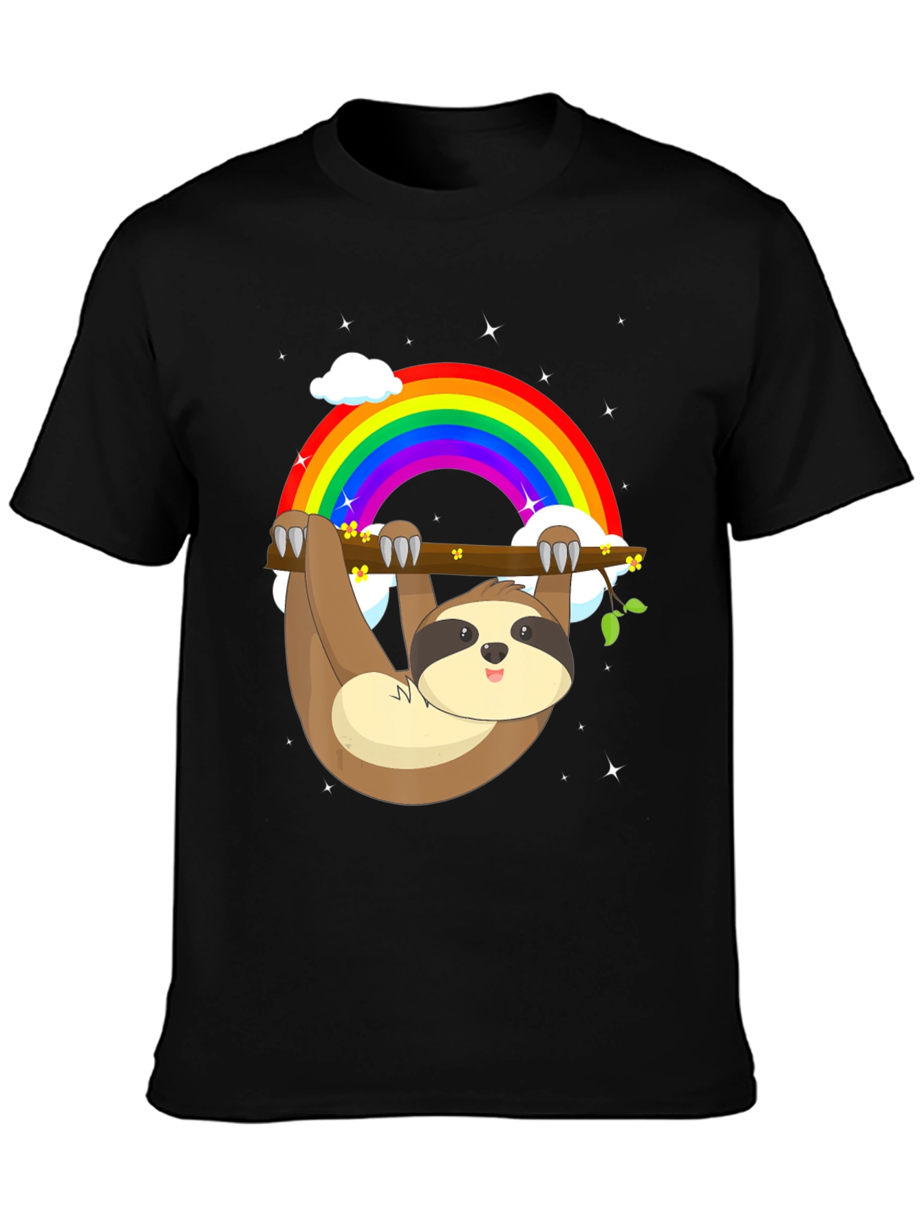 Sloth Rainbow Graphic Tee - Mens Black Cotton T-Shirt