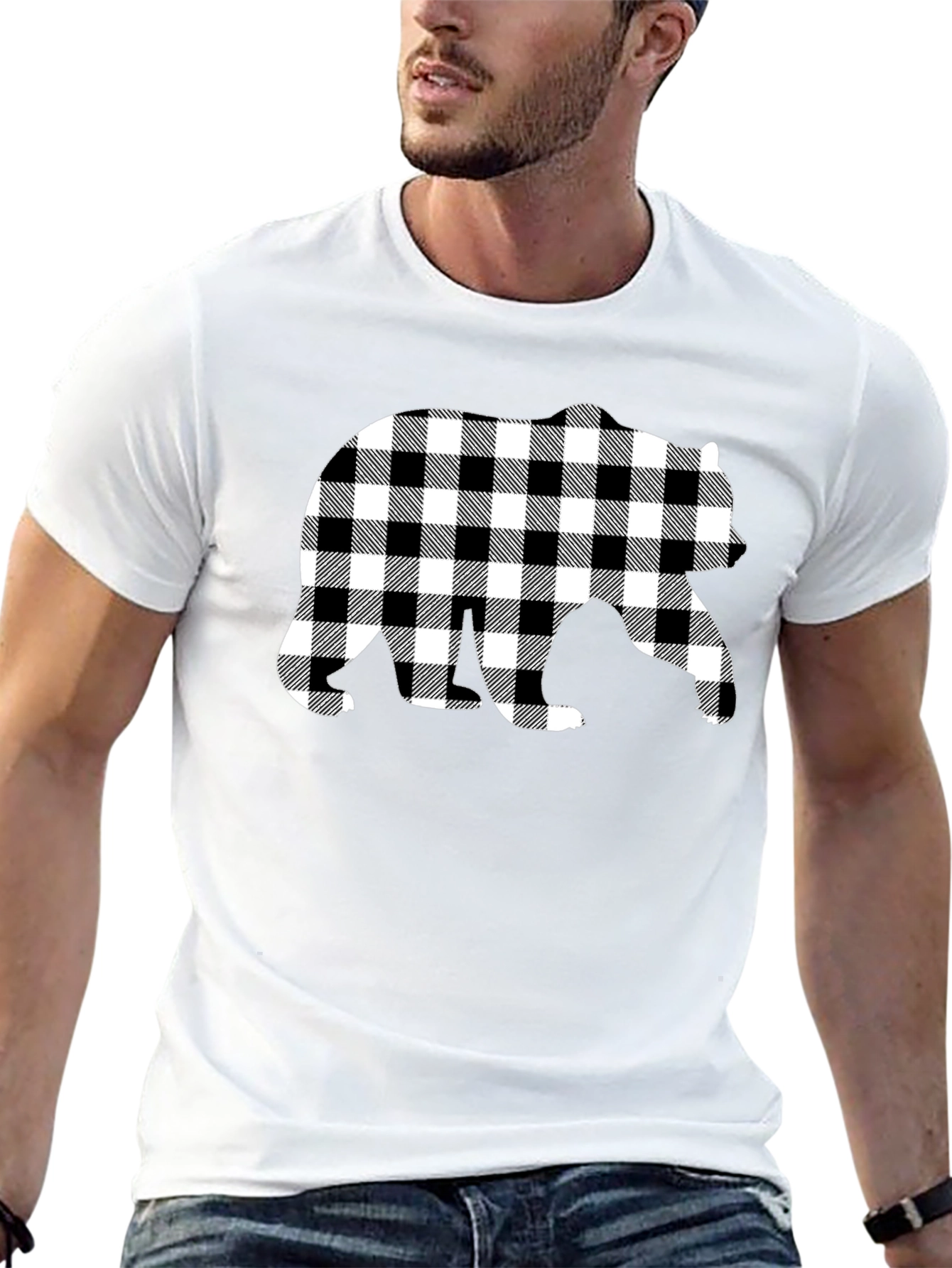 Plaid Bear Graphic Tee - Stylish Mens Black T-Shirt
