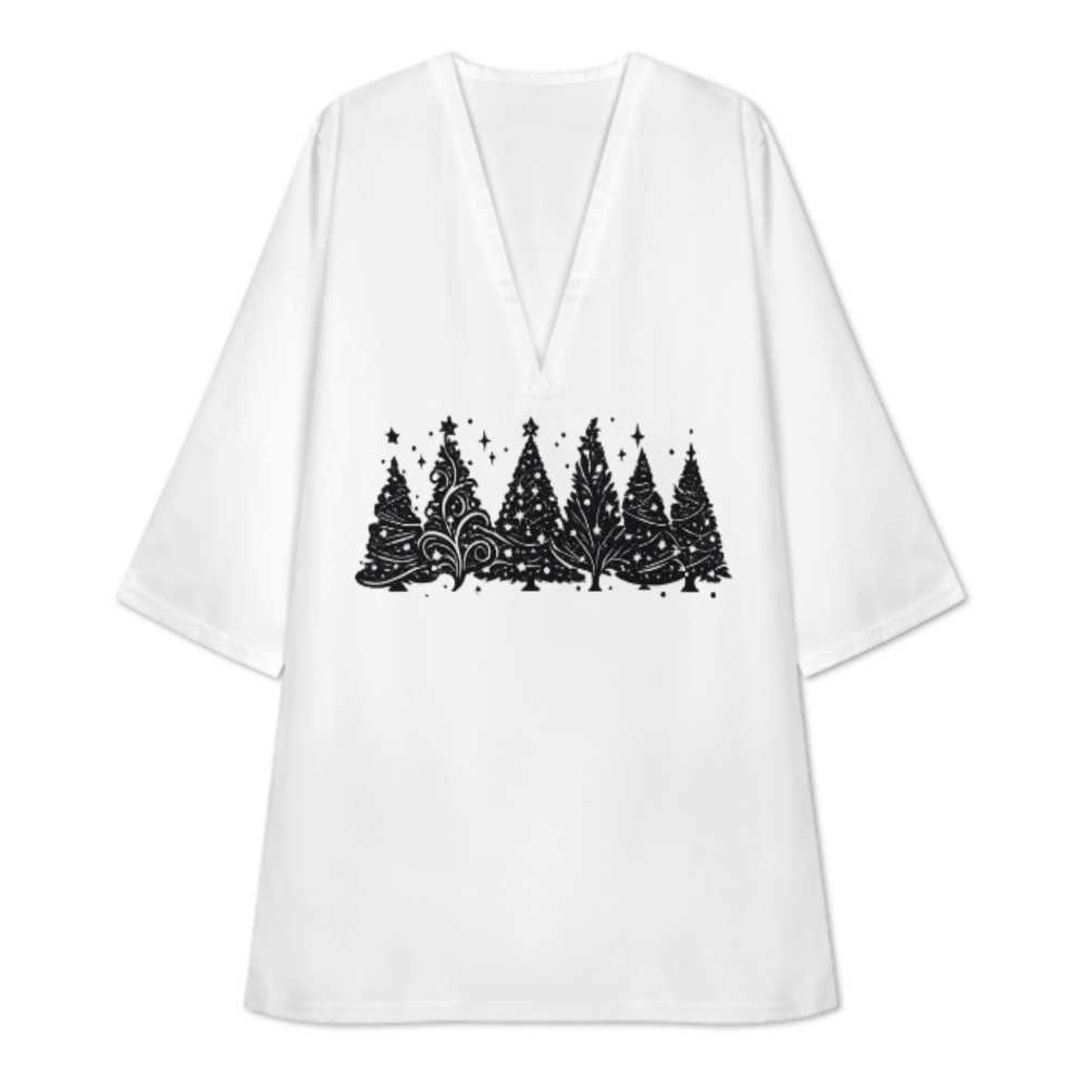 Minimalist Christmas Tree Graphic Dress, Winter Holiday Oversized Shirt Dress, Cozy Festive Casual Fashion Outfit(z579)