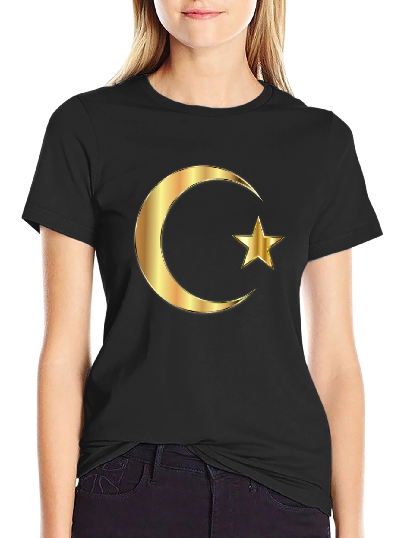 Crescent Moon & Star Graphic Black T-Shirt