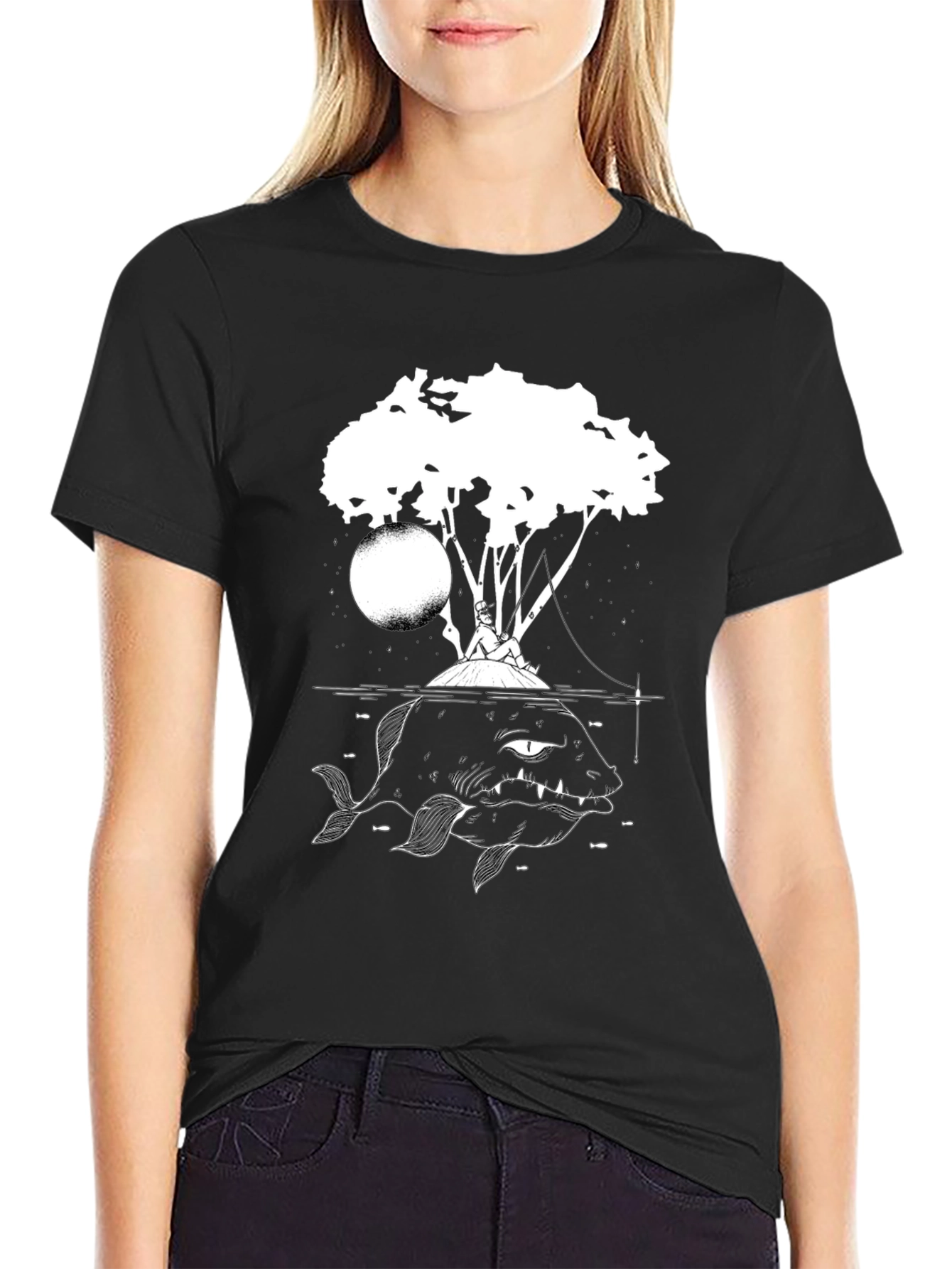 Black Graphic Tee - Fisherman and Giant Fish