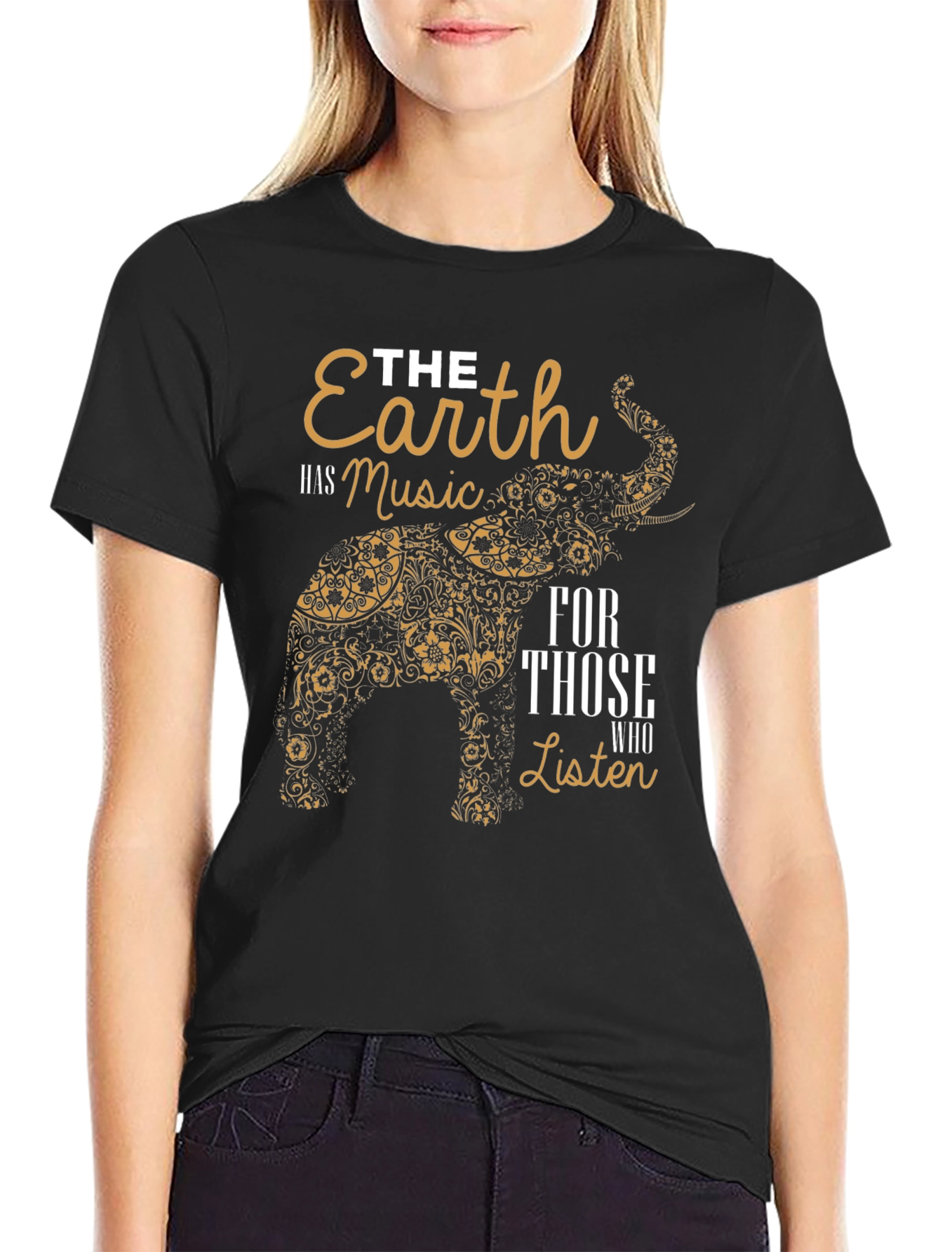 Earth Music Elephant Print Black T-Shirt