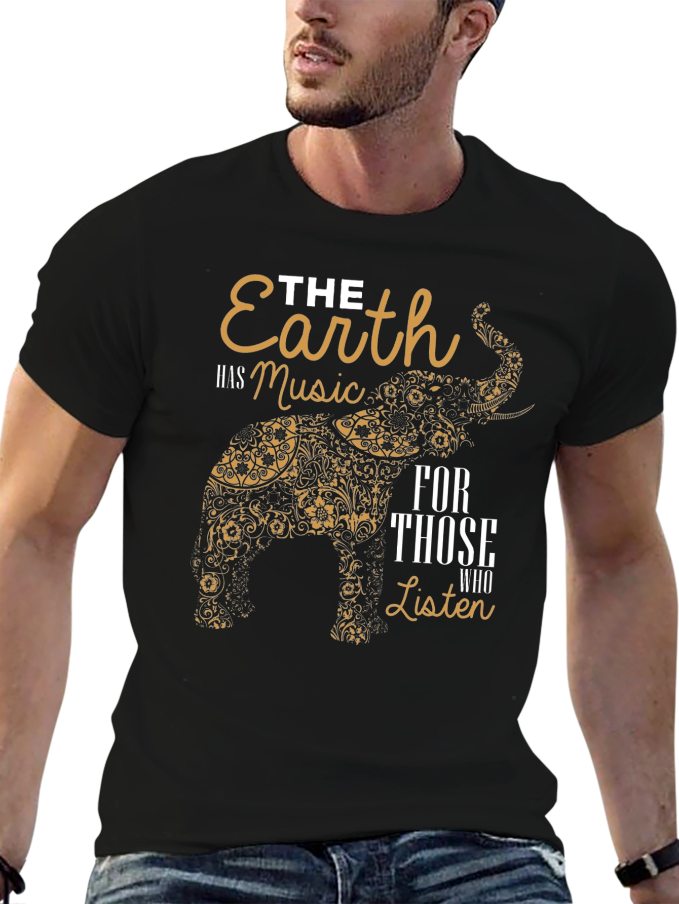 Earth Music Elephant Print Black T-Shirt