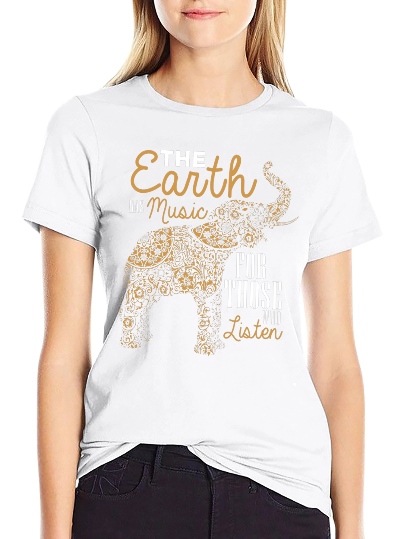 Earth Music Elephant Print Black T-Shirt