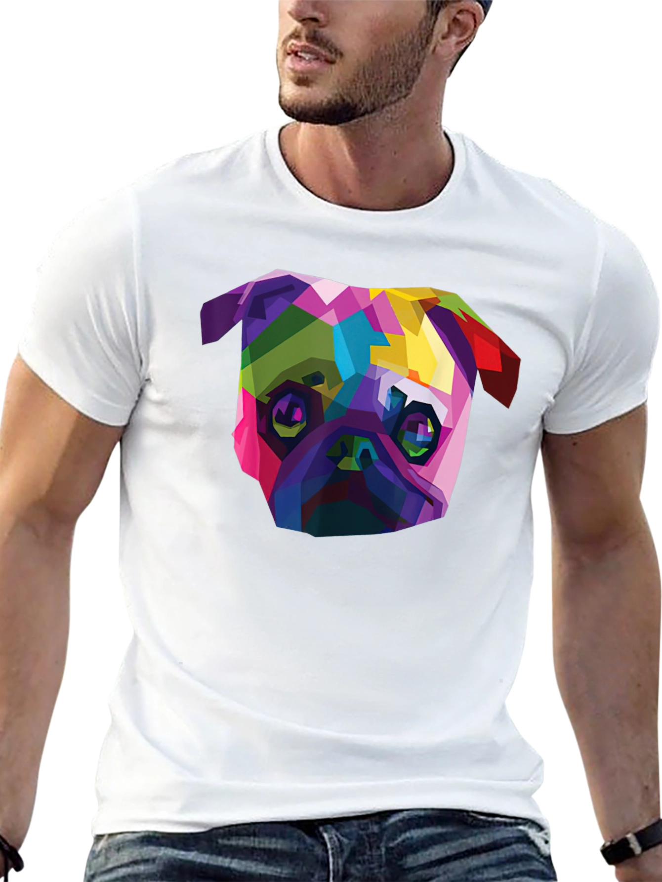 Geometric Pug Dog T-Shirt - Stylish Mens Black Tee