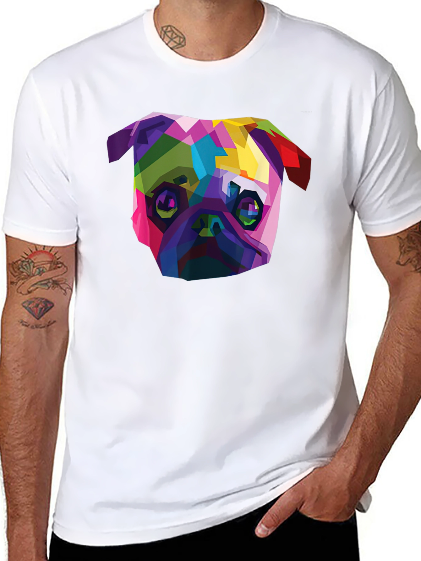 Geometric Pug Dog T-Shirt - Stylish Mens Black Tee