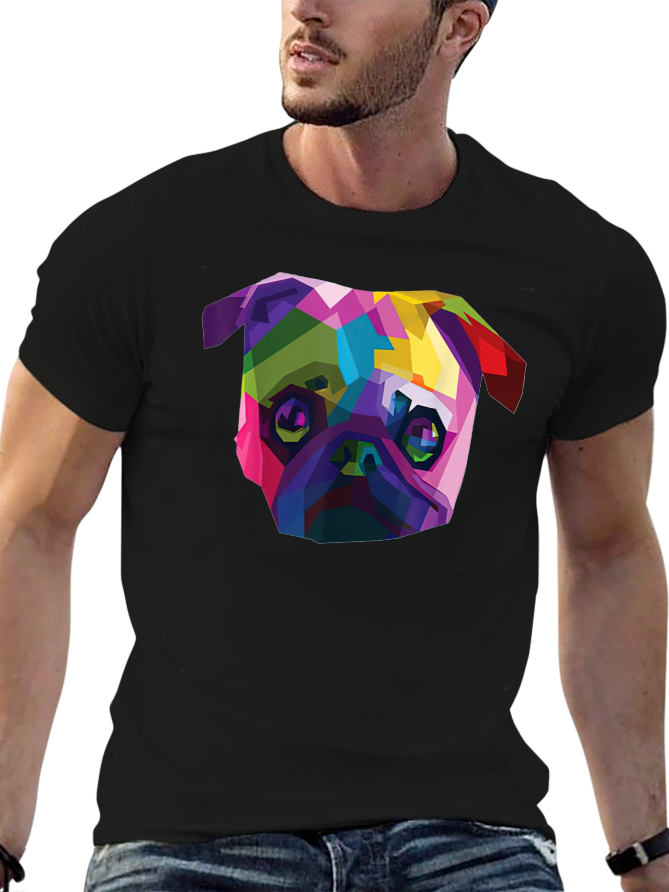 Geometric Pug Dog T-Shirt - Stylish Mens Black Tee