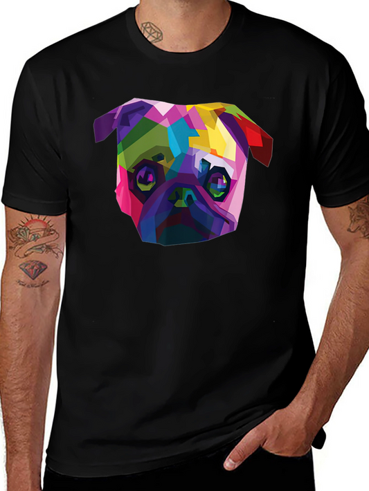 Geometric Pug Dog T-Shirt - Stylish Mens Black Tee