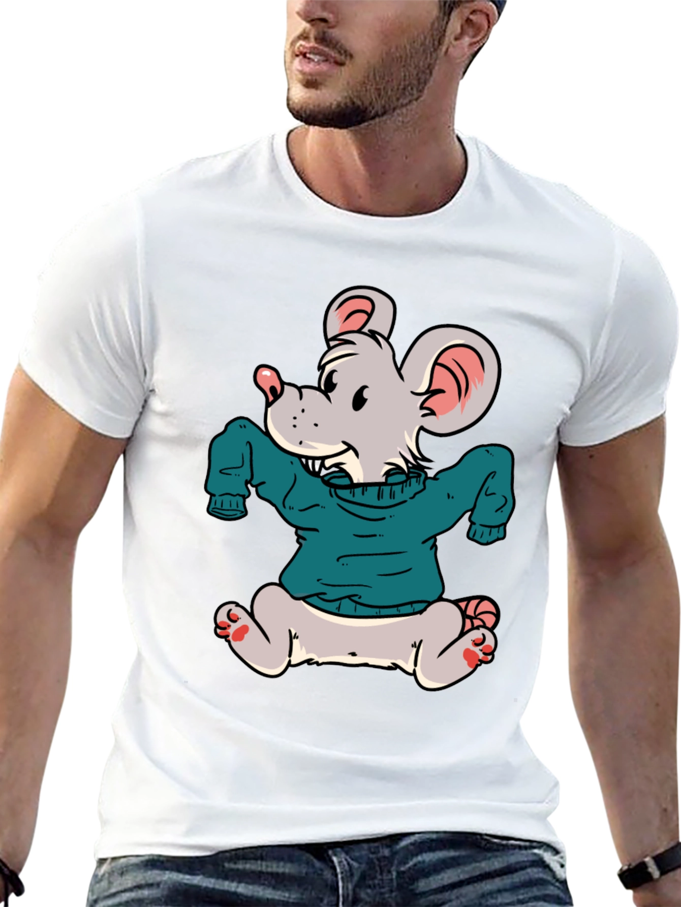 Cartoon Mouse Wearing a Sweater T-Shirt