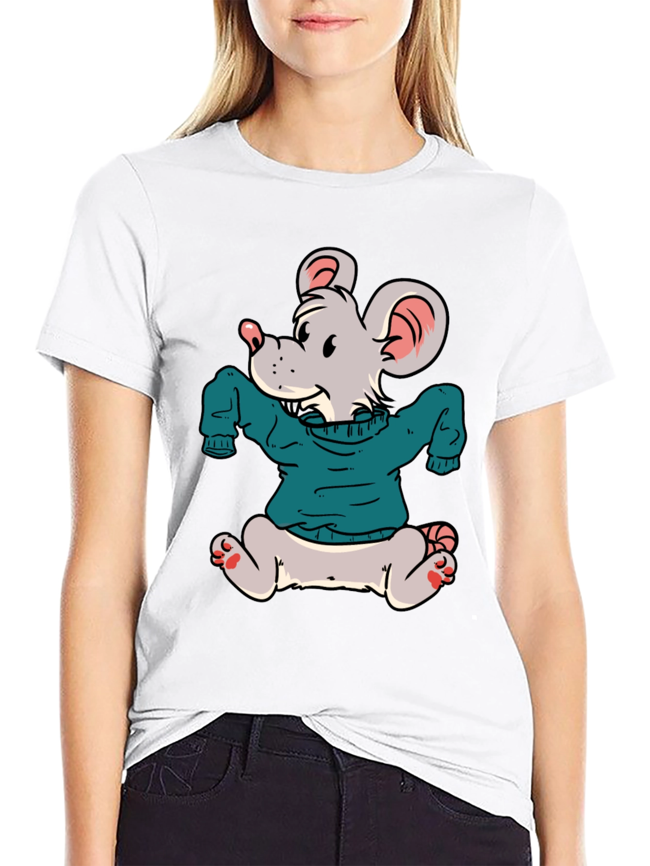 Cartoon Mouse Wearing a Sweater T-Shirt