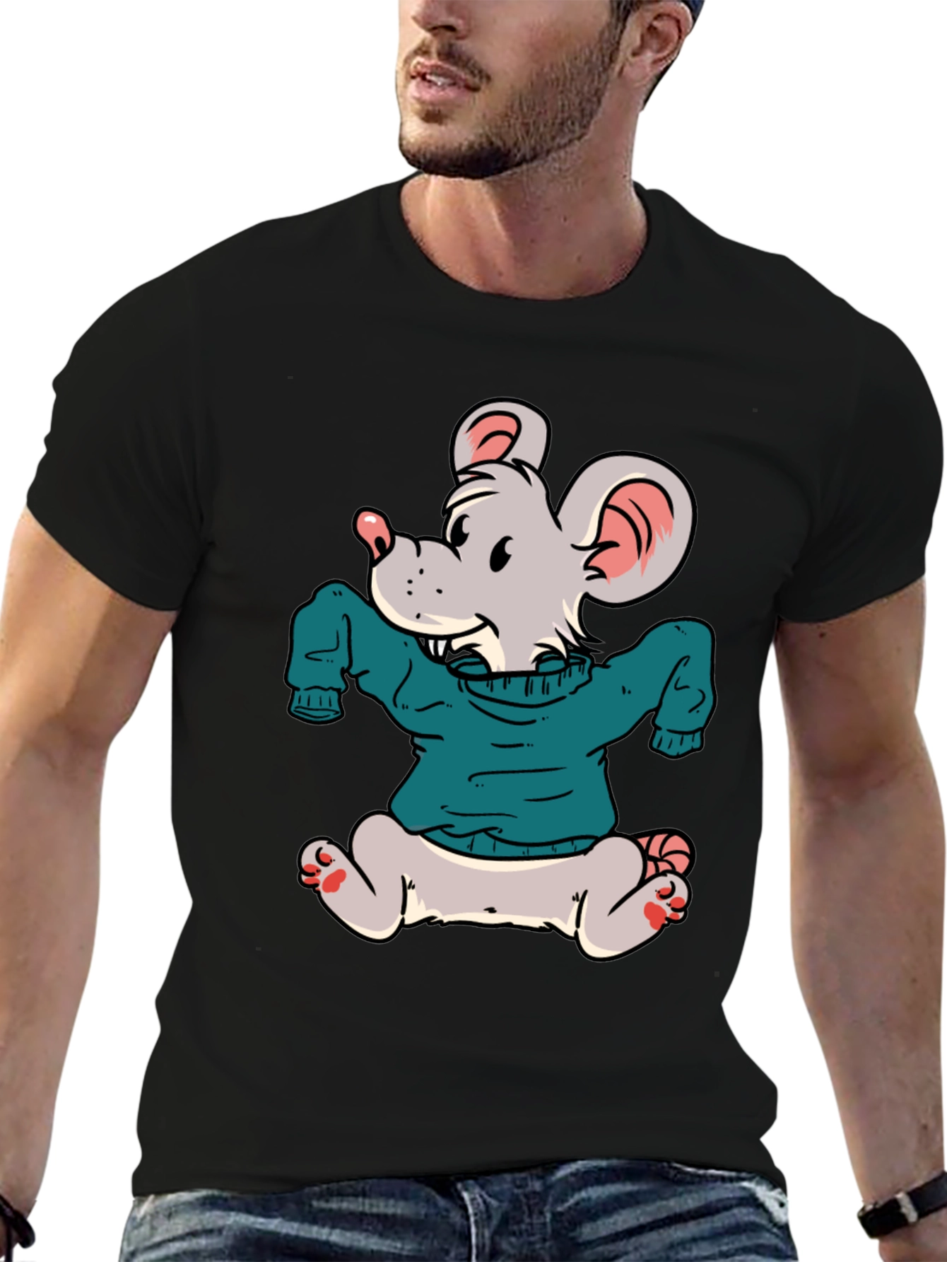 Cartoon Mouse Wearing a Sweater T-Shirt