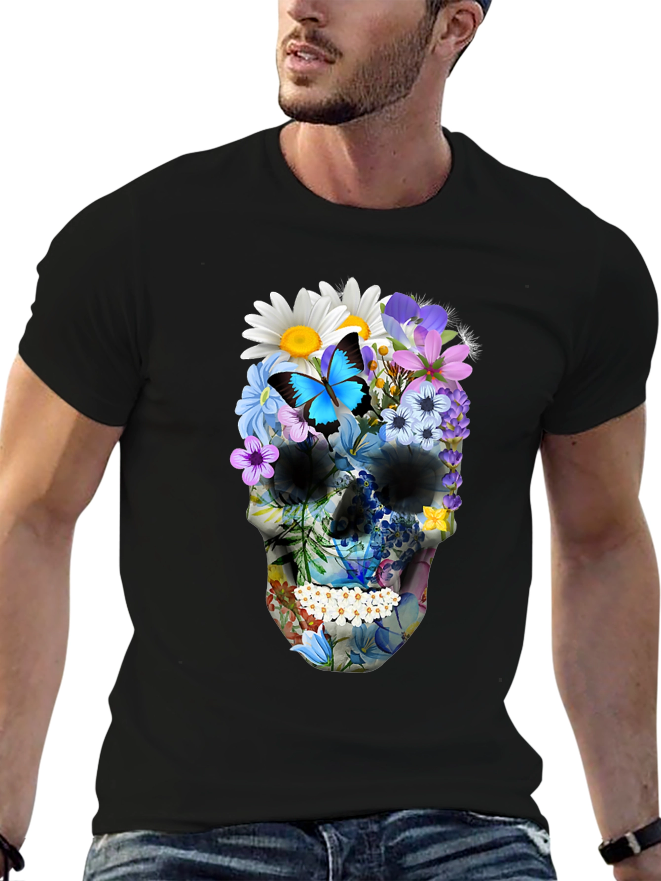 Floral Skull Graphic T-Shirt - Mens Black Tee