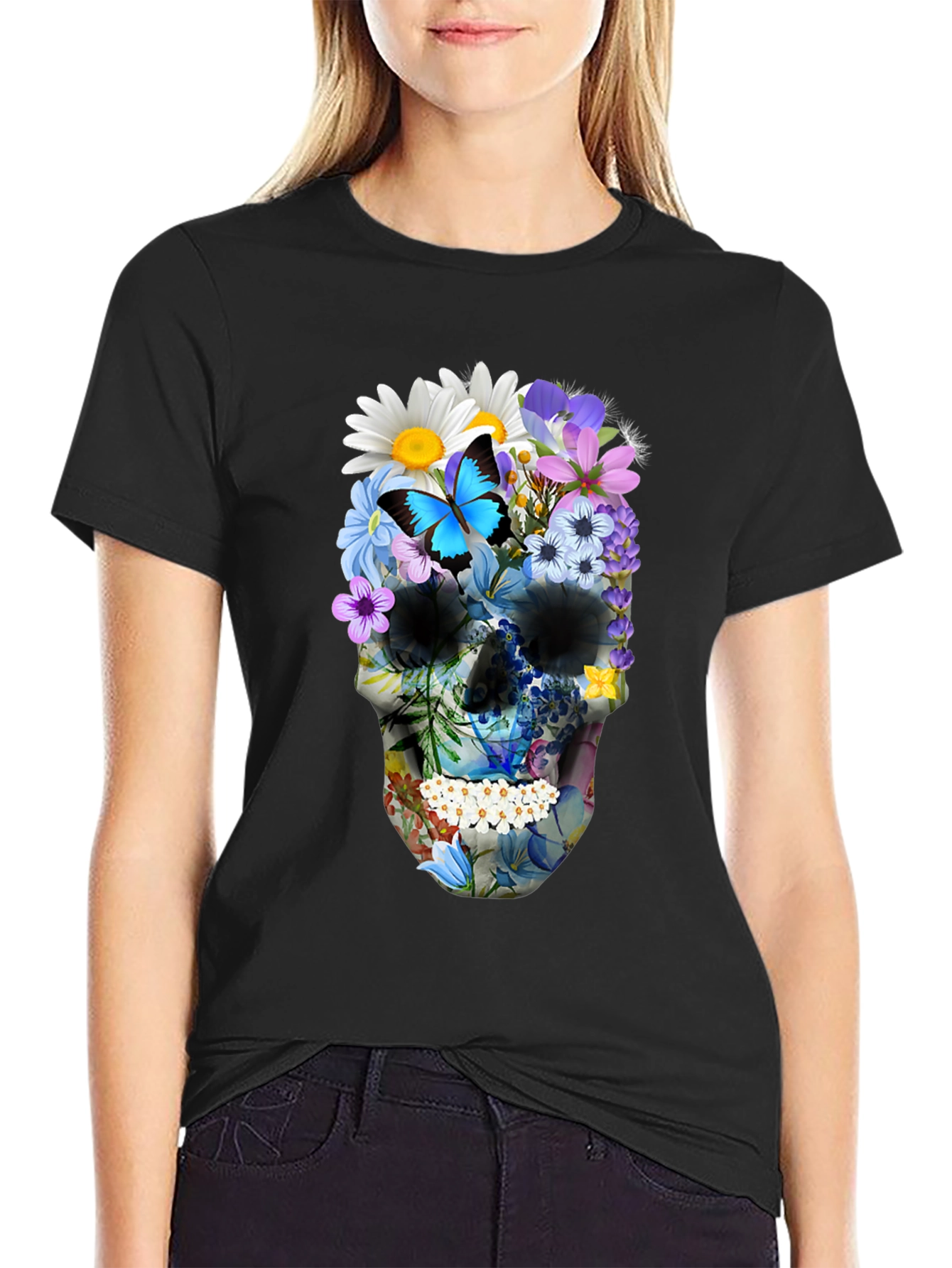 Floral Skull Graphic T-Shirt - Mens Black Tee