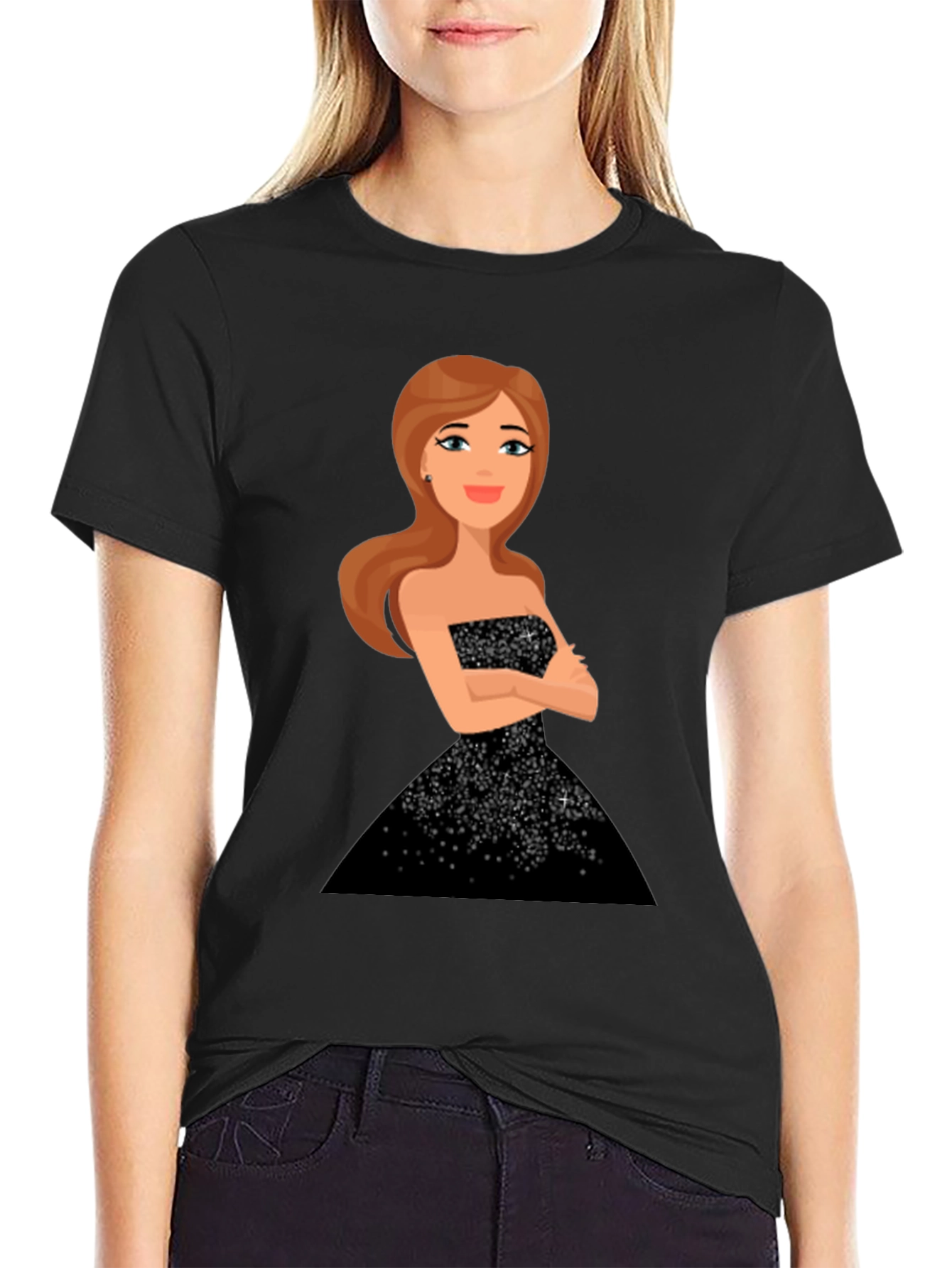 Cartoon Girl Black Sparkle Dress Tee