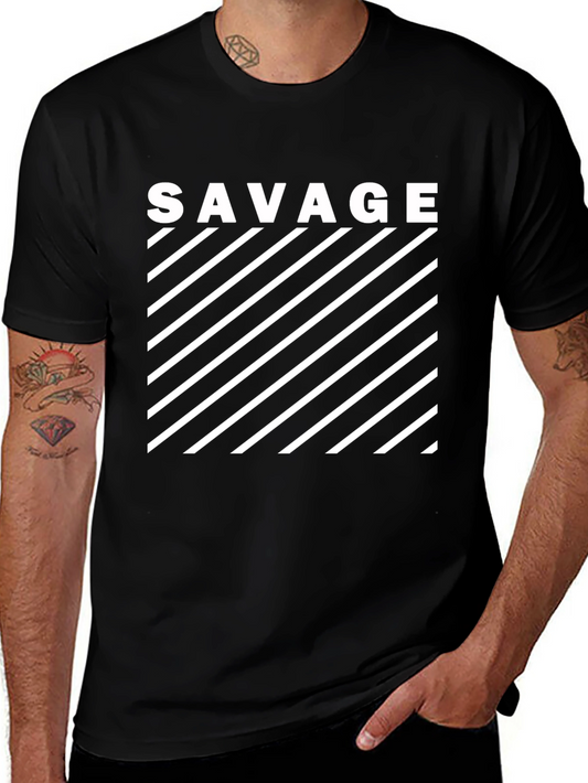 Savage Graphic Tee - Diagonal Stripe Design Black Cotton Blend