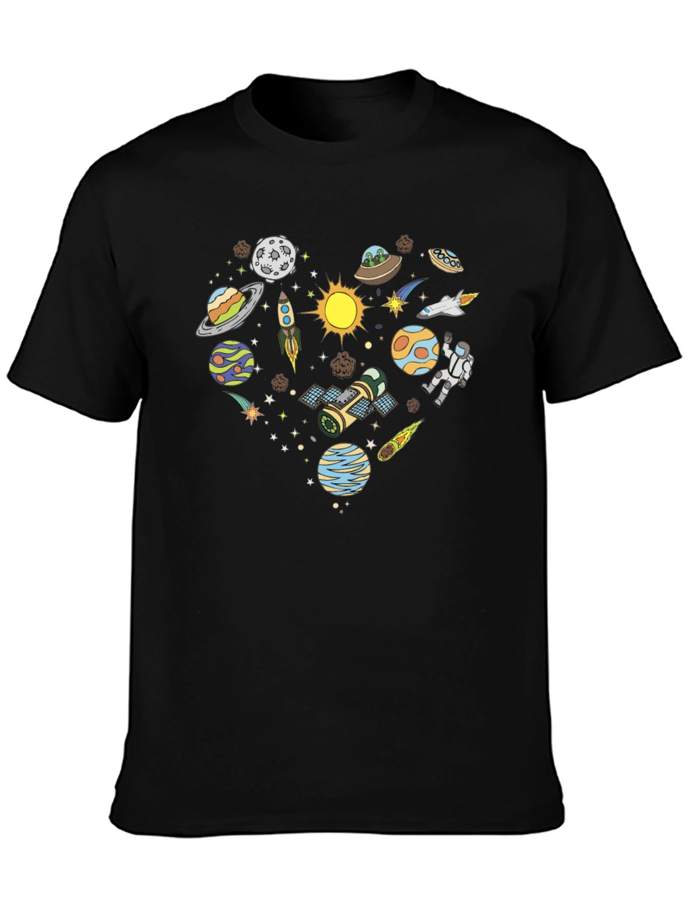 Space Heart Graphic Tee - Black Cotton Shirt