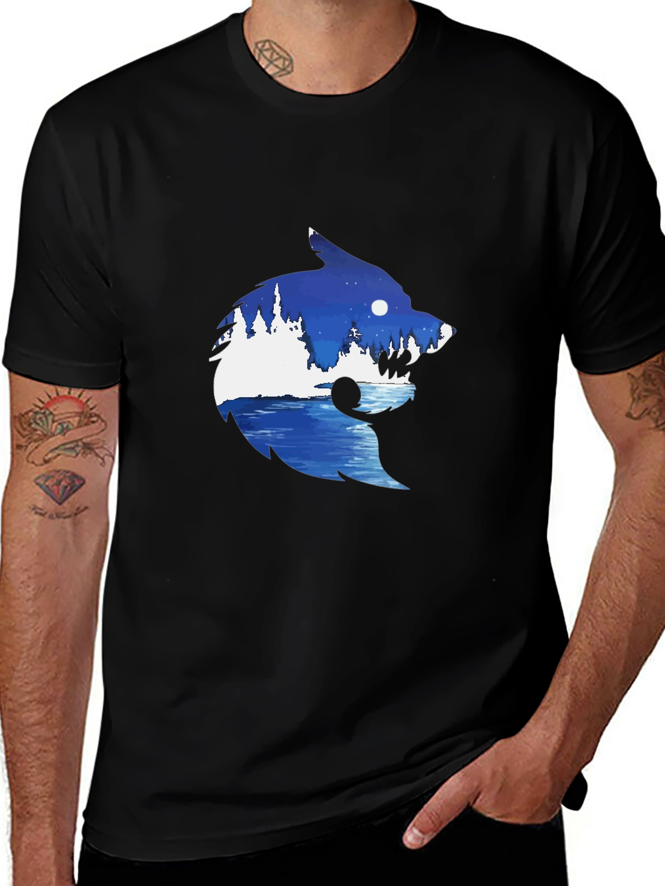 Wolf Nature Scene Graphic Tee - Black