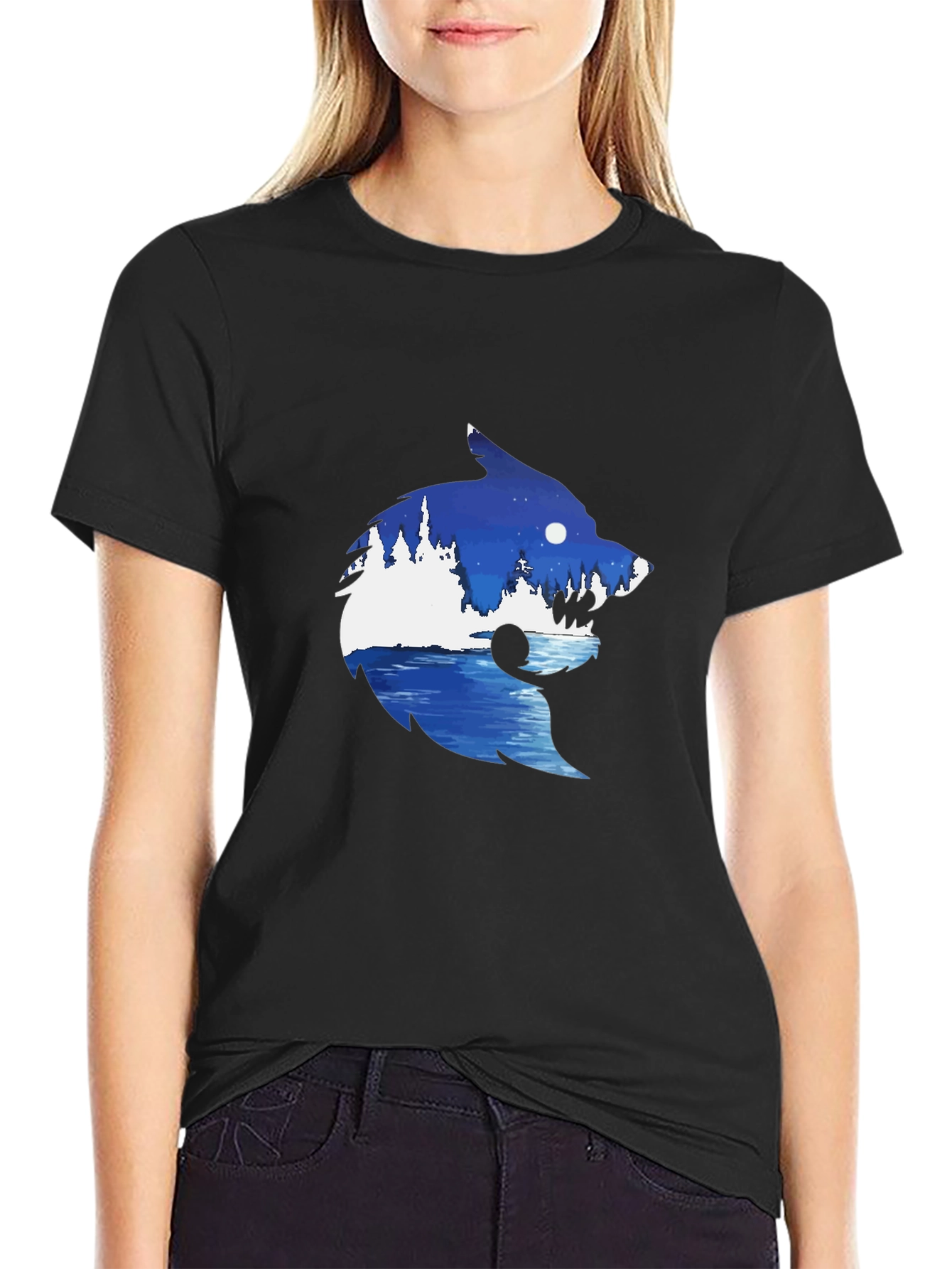 Wolf Nature Scene Graphic Tee - Black