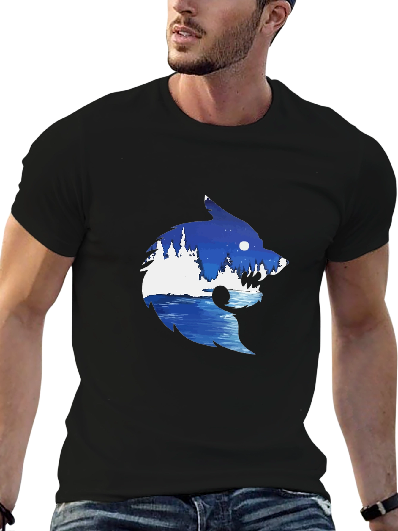 Wolf Nature Scene Graphic Tee - Black