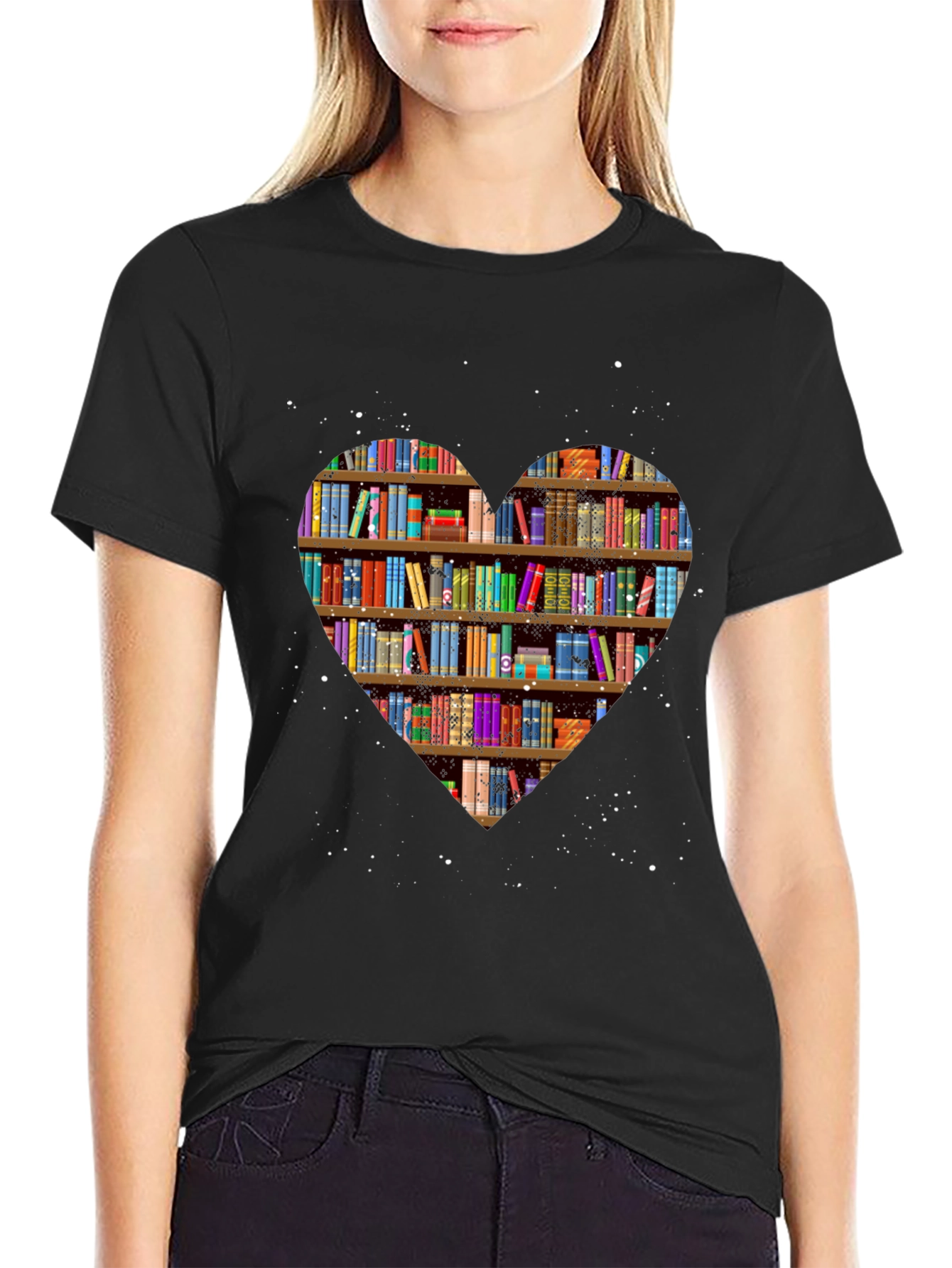Book Lover Heart Bookshelf T-Shirt - Black
