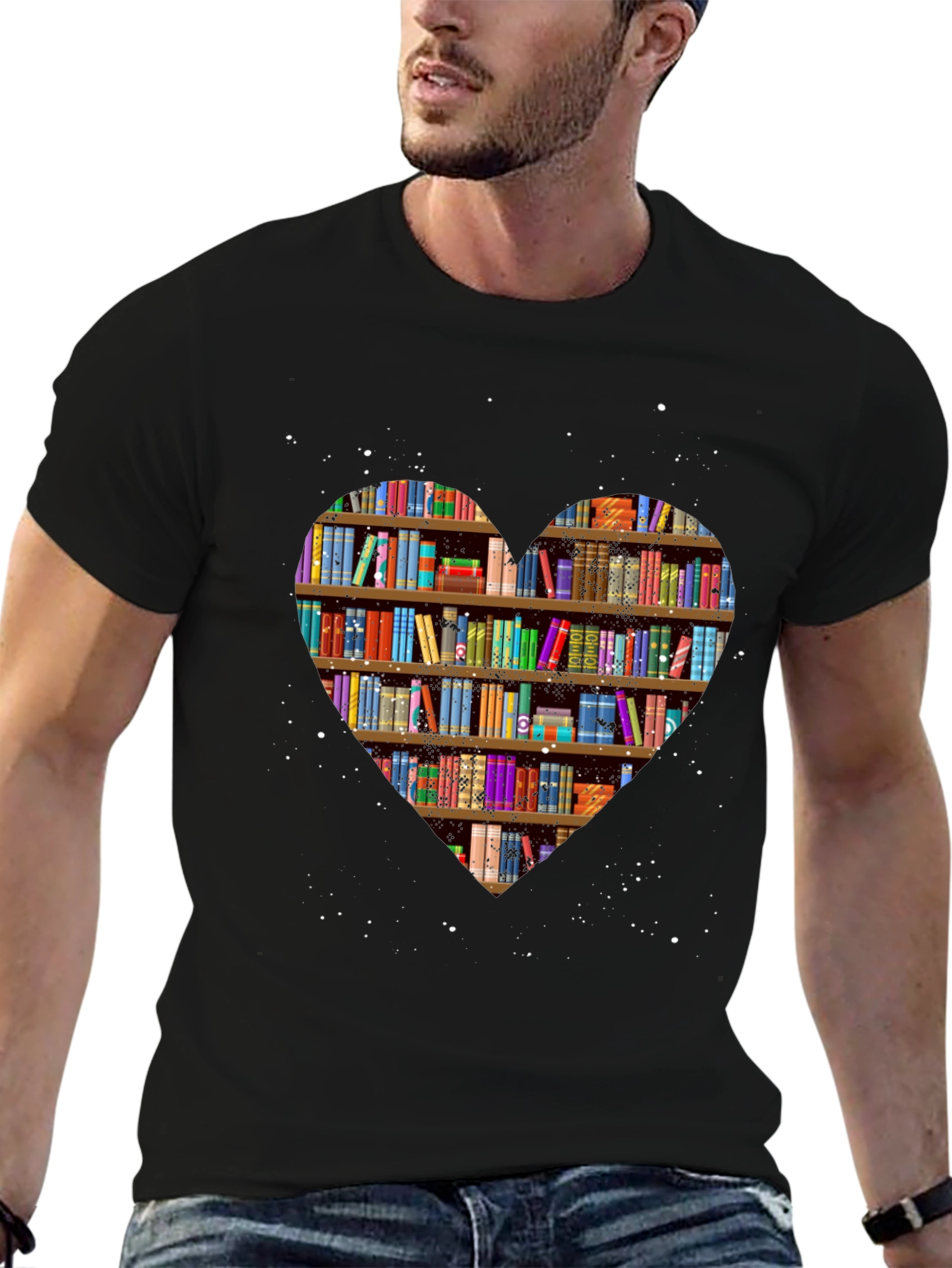 Book Lover Heart Bookshelf T-Shirt - Black