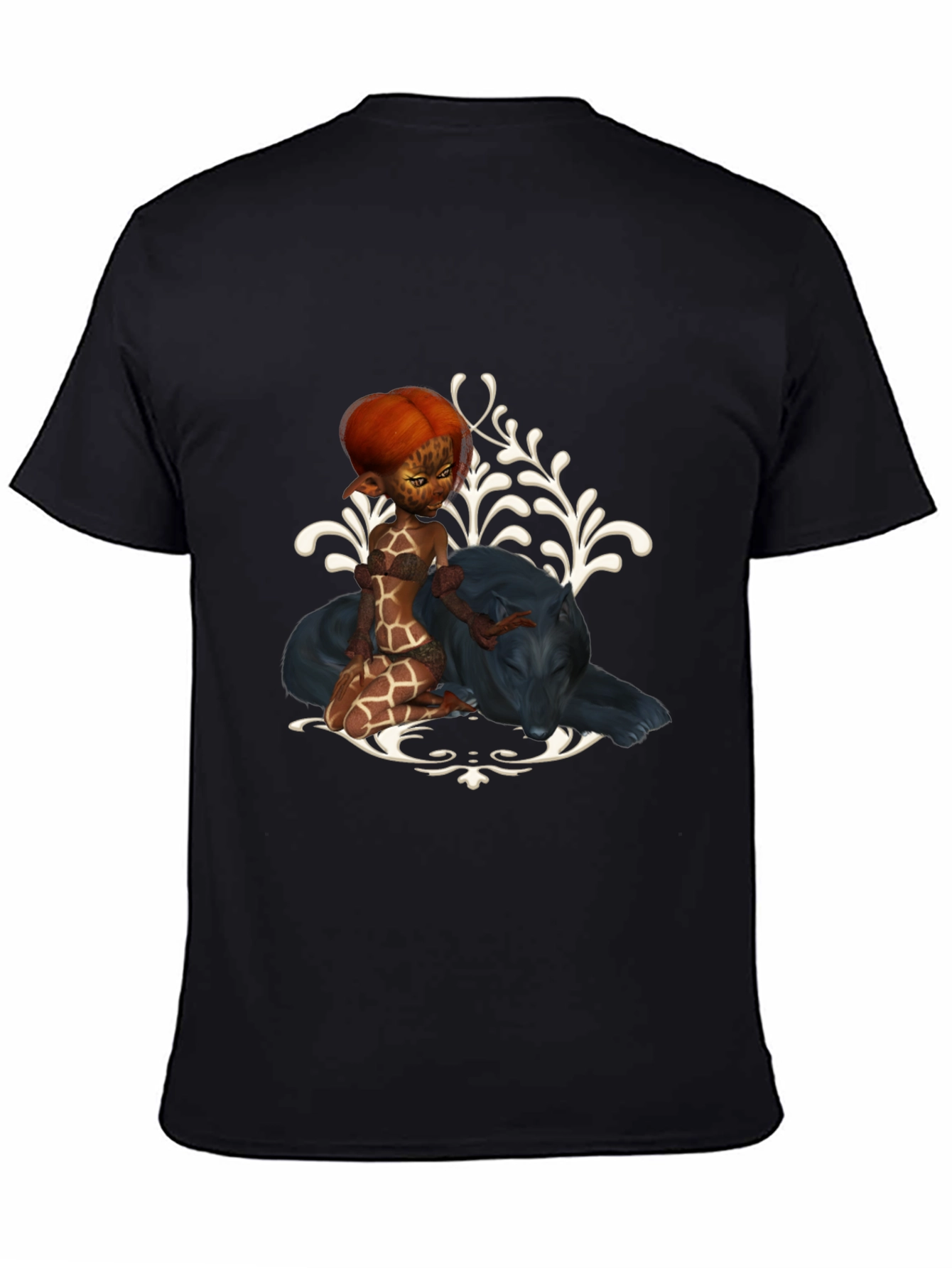 Fantasy Black T-Shirt with Giraffe Fairy & Panther Design