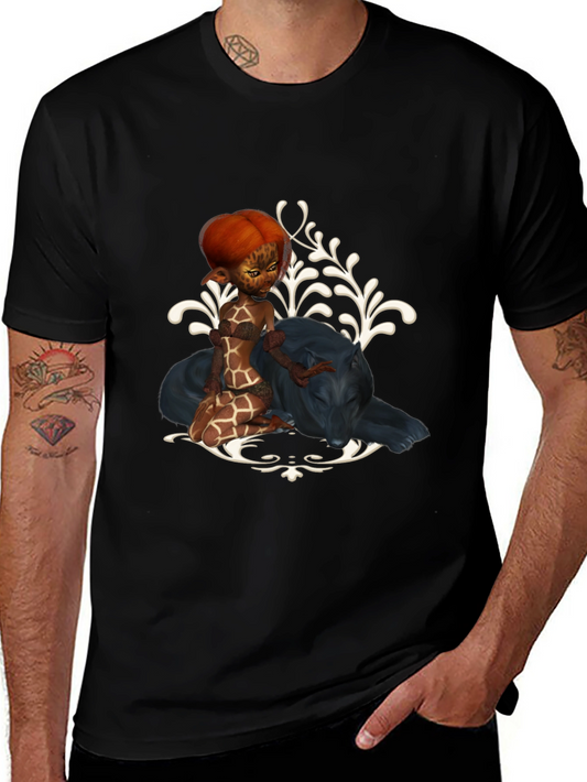 Fantasy Black T-Shirt with Giraffe Fairy & Panther Design