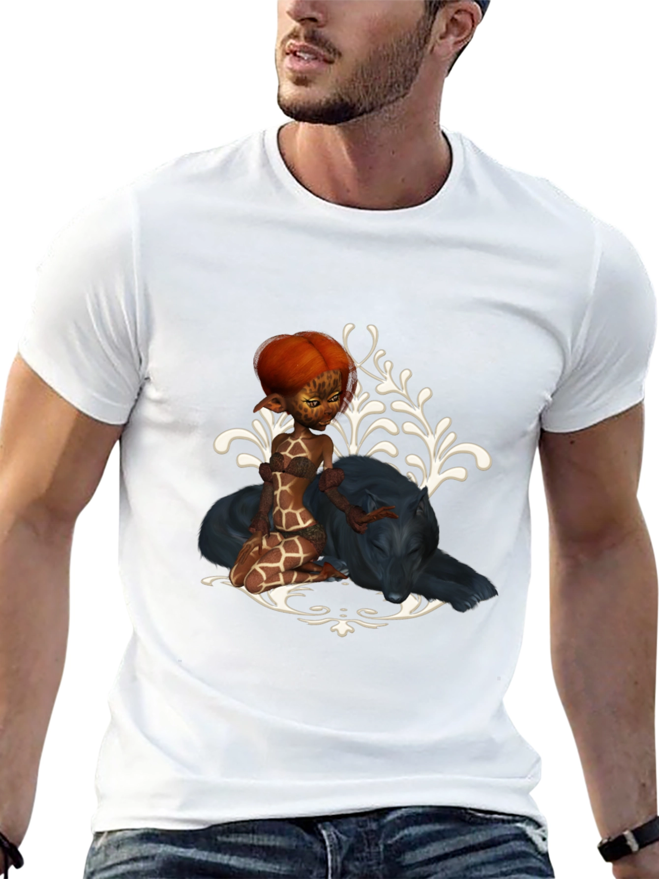 Fantasy Black T-Shirt with Giraffe Fairy & Panther Design